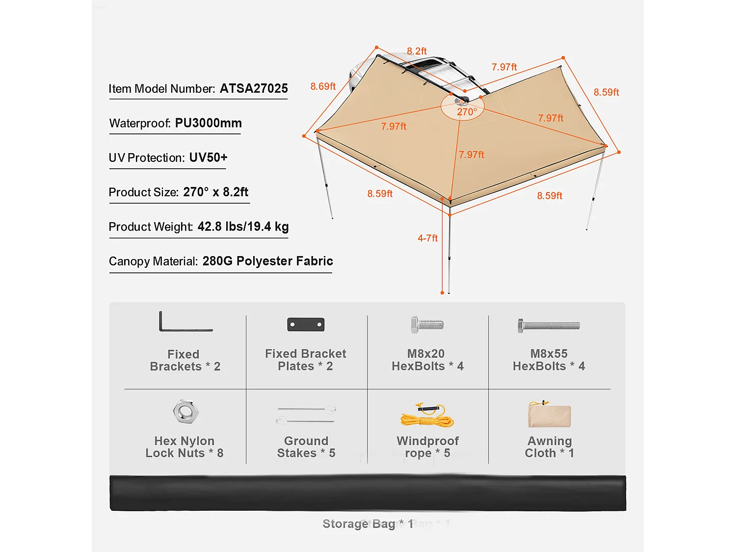 Auvent de Véhicule SucceBuy à 270 Degrés, Hauteur de 250cm Rétractable, UV50+