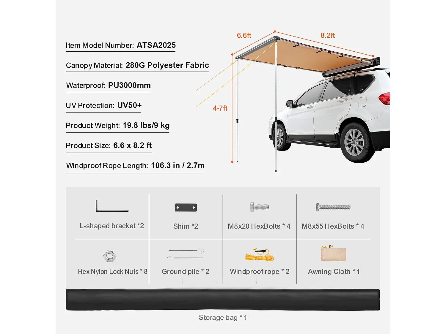 Voertuigluifel SucceBuy, Schaduwdoek 200 cm x 250 cm, PU3000 mm UV50+