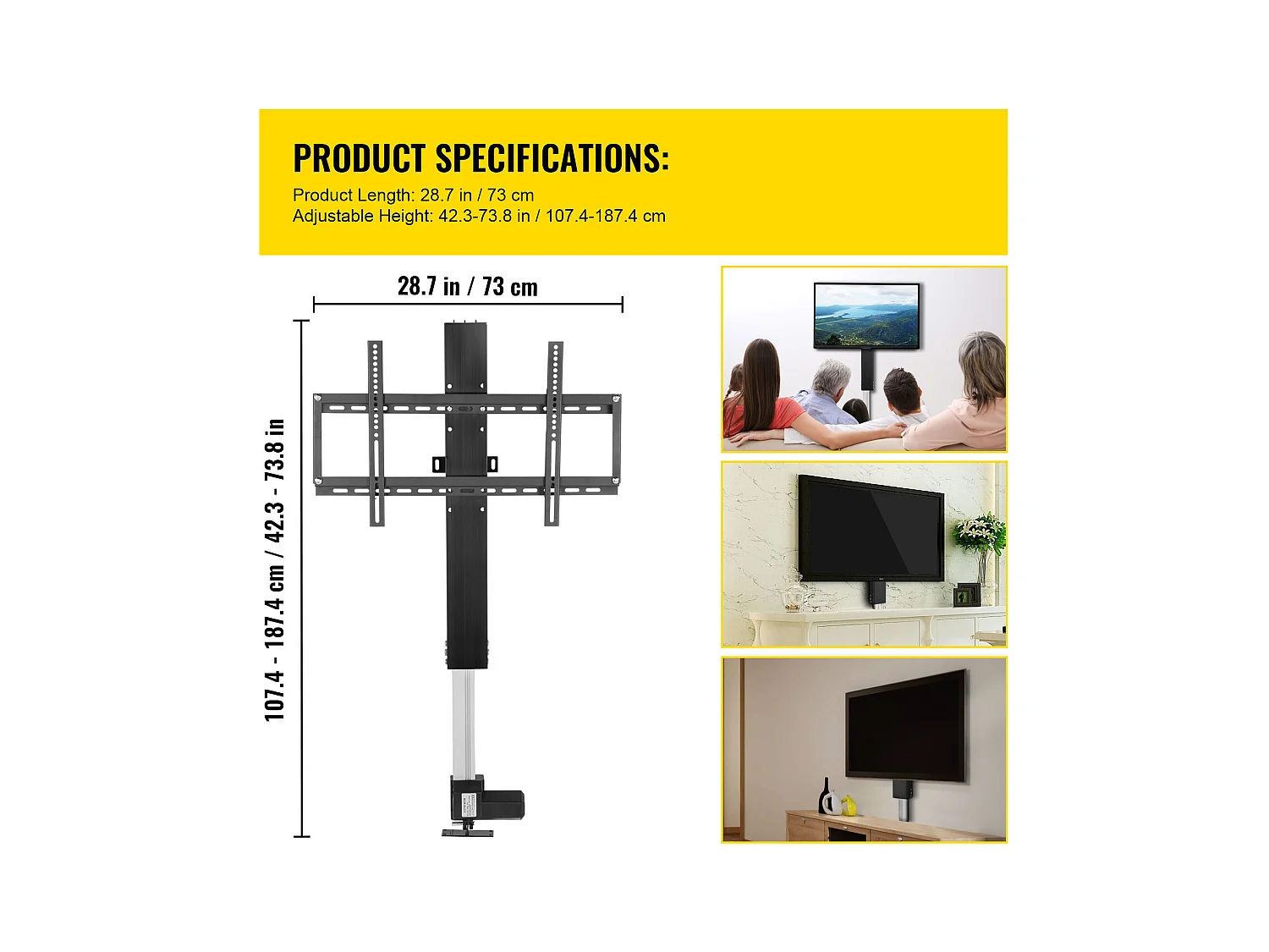 Support TV Mural Extensible, SucceBuy Support  Élévateur Motorisé pour Téléviseurs Plasma LCD/LED/OLED 66-152.4 CM,  Électrique, Noir