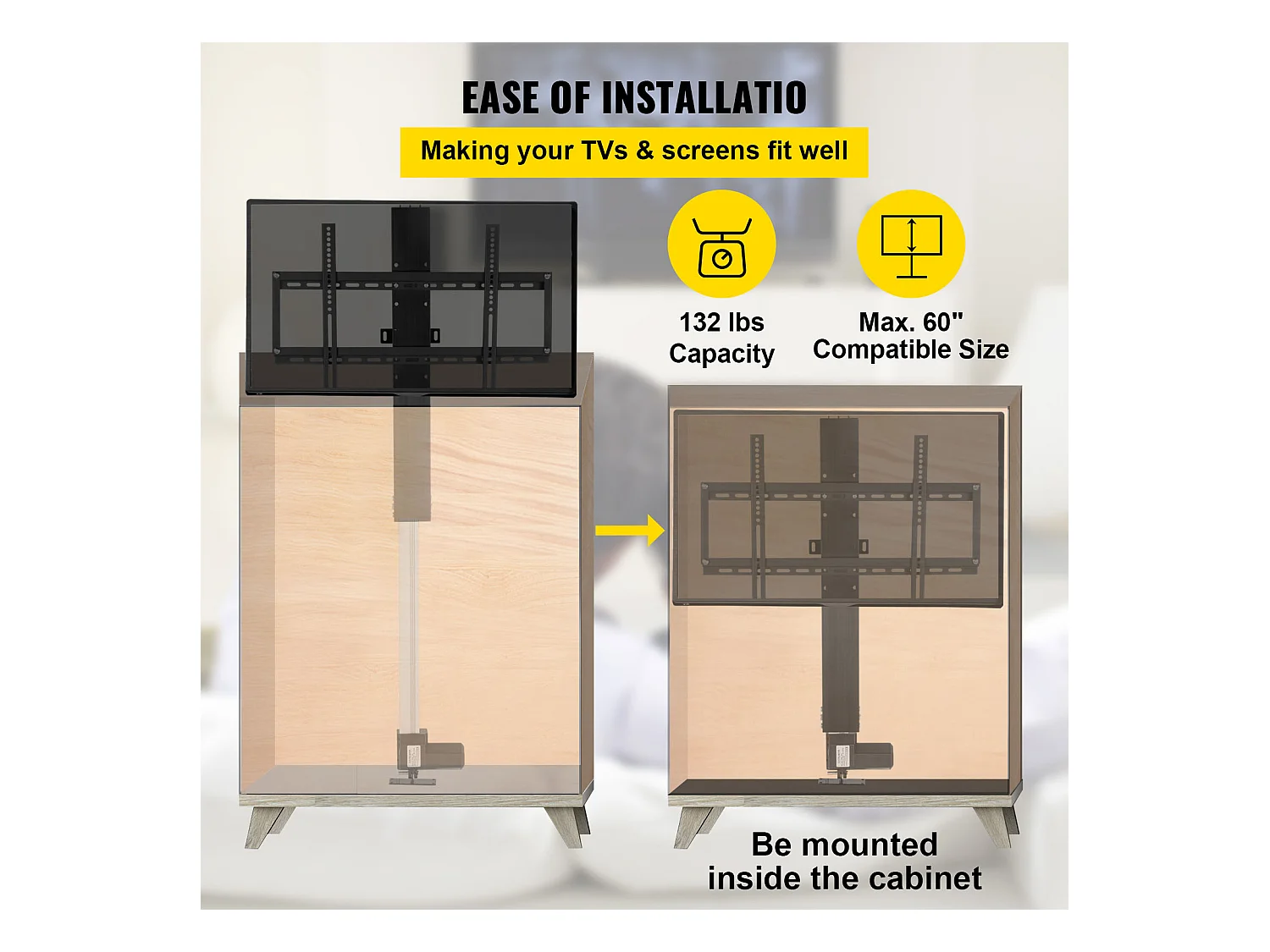 Support TV Mural Extensible, SucceBuy Support  Élévateur Motorisé pour Téléviseurs Plasma LCD/LED/OLED 66-152.4 CM,  Électrique, Noir