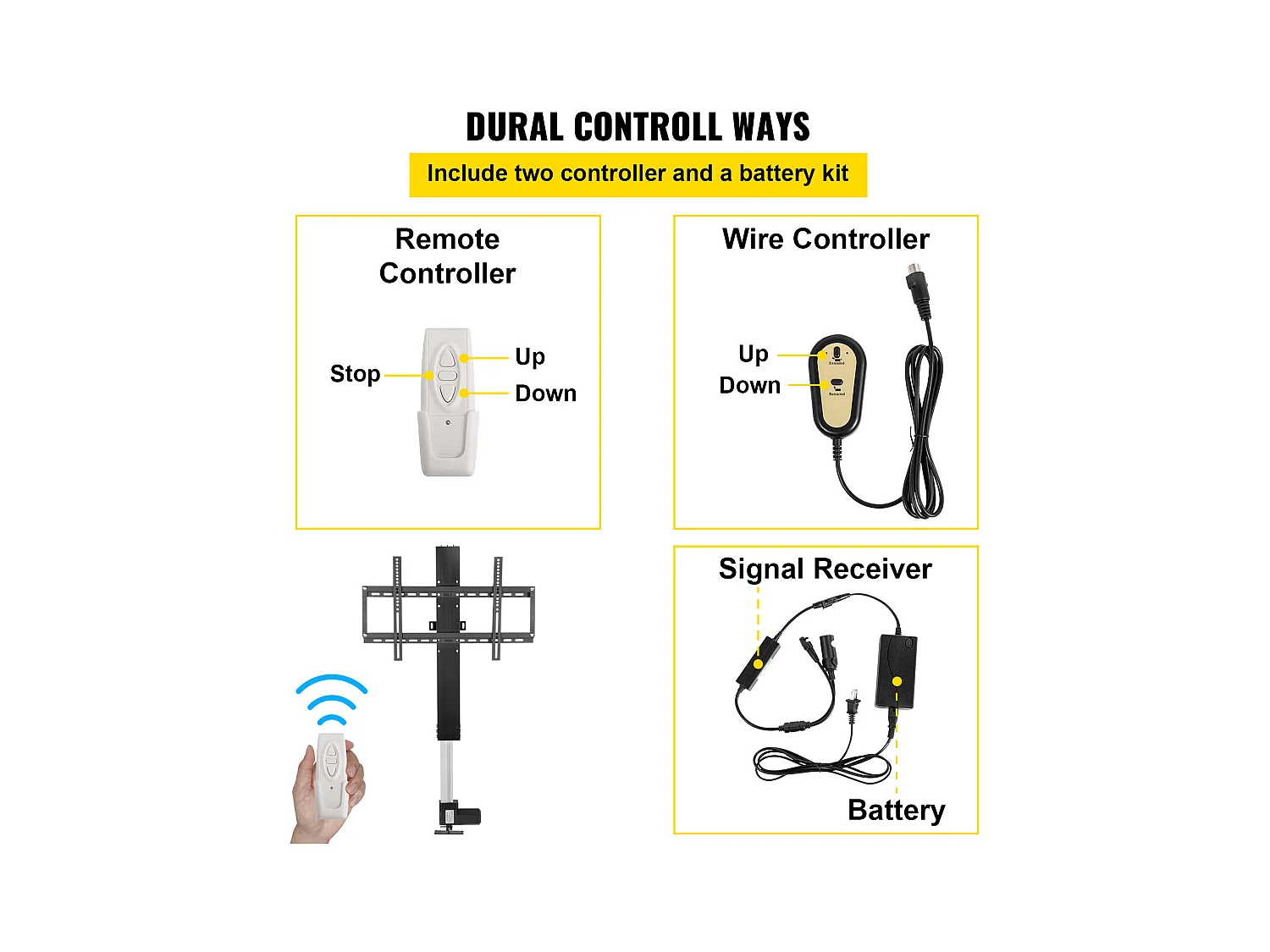 Support TV Mural Extensible, SucceBuy Support  Élévateur Motorisé pour Téléviseurs Plasma LCD/LED/OLED 66-152.4 CM,  Électrique, Noir