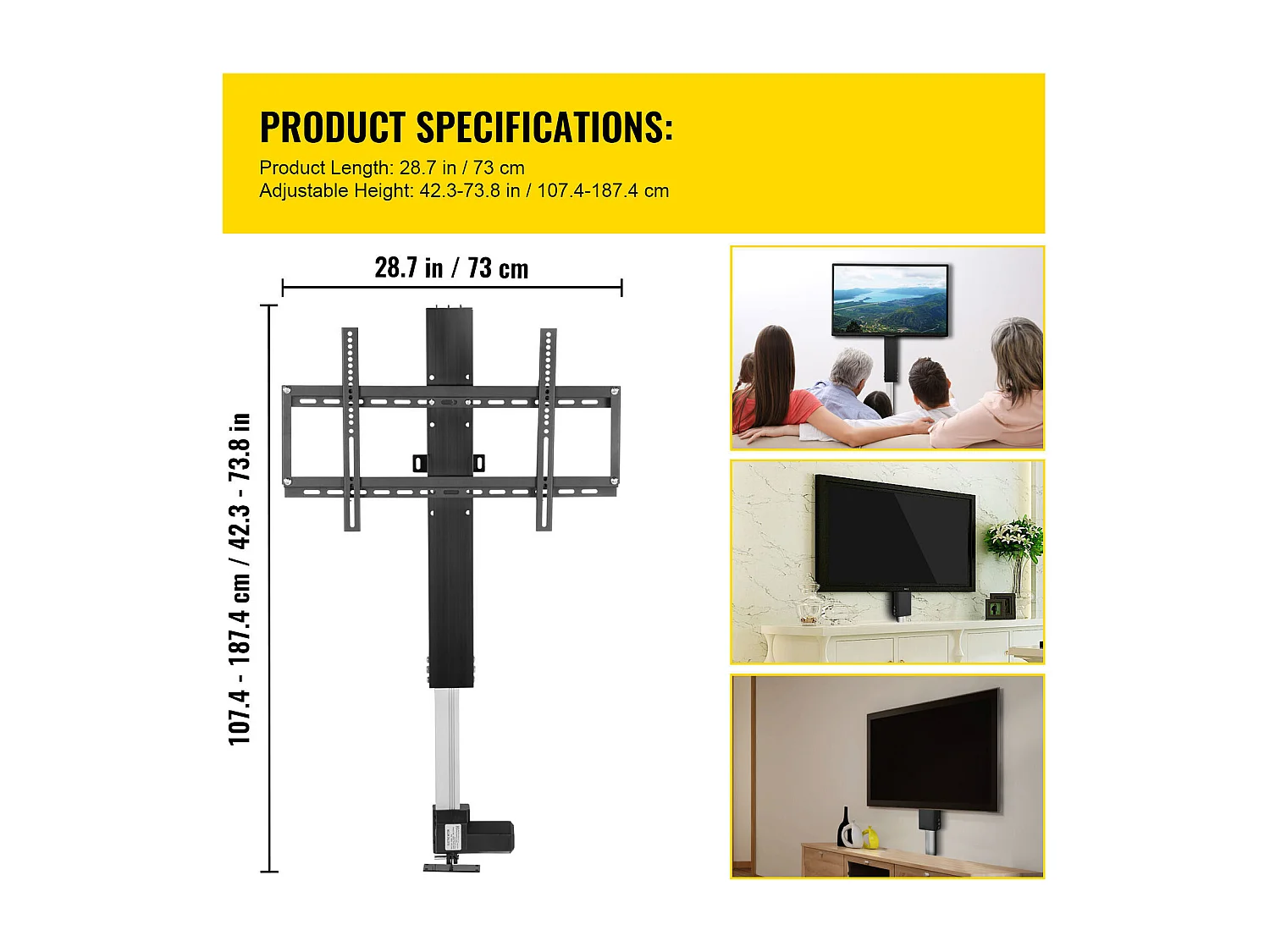 Support TV Mural Extensible, SucceBuy Support  ‌Élévateur Motorisé pour Téléviseurs Plasma LCD/LED/OLED 66-152.4 CM,  ‌Électrique, Noir