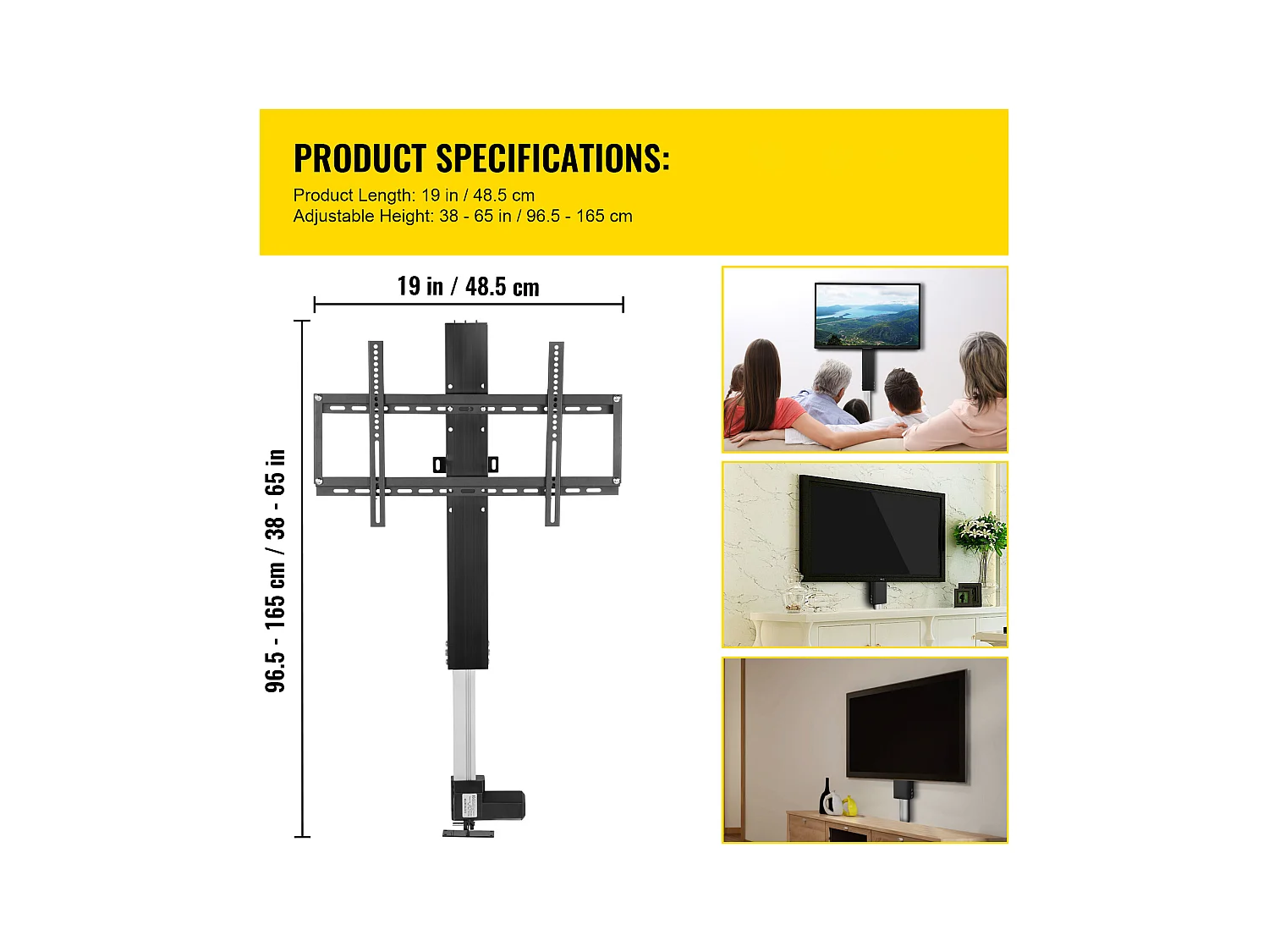 Support TV Mural, SucceBuy Élévateur TV Motorisé – Course de 71 CM, Support Réglable pour Téléviseurs de 66 à 145 CM, Télécommande, Capacité de 132 lb