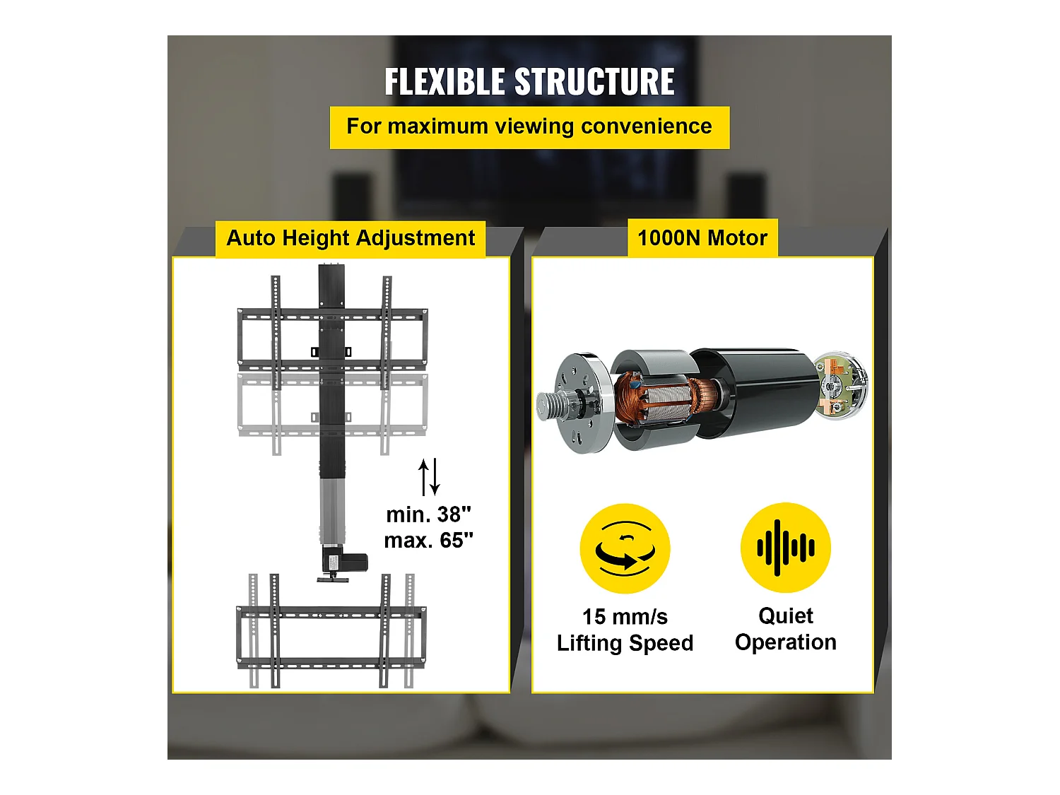 Support TV Mural, SucceBuy Élévateur TV Motorisé – Course de 71 CM, Support Réglable pour Téléviseurs de 66 à 145 CM, Télécommande, Capacité de 132 lb