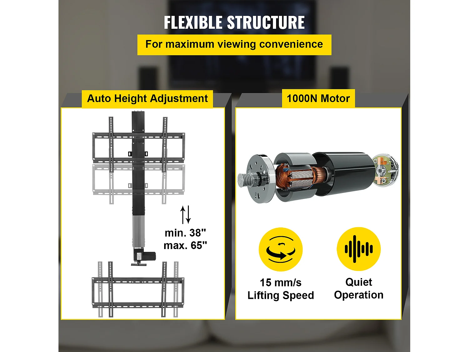Support TV Mural, SucceBuy Élévateur TV Motorisé – Course de 71 CM, Support Réglable pour Téléviseurs de 66 à 145 CM, Télécommande, Capacité de 132 lb