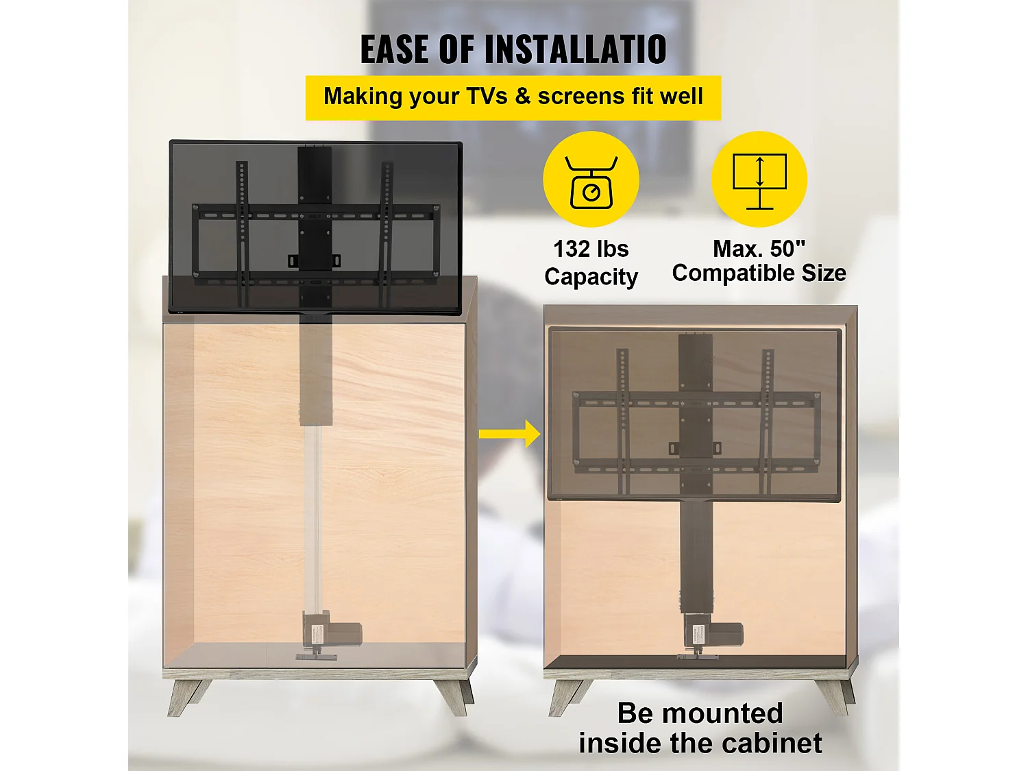 Support TV Mural, SucceBuy Élévateur TV Motorisé – Course de 71 CM, Support Réglable pour Téléviseurs de 66 à 145 CM, Télécommande, Capacité de 132 lb