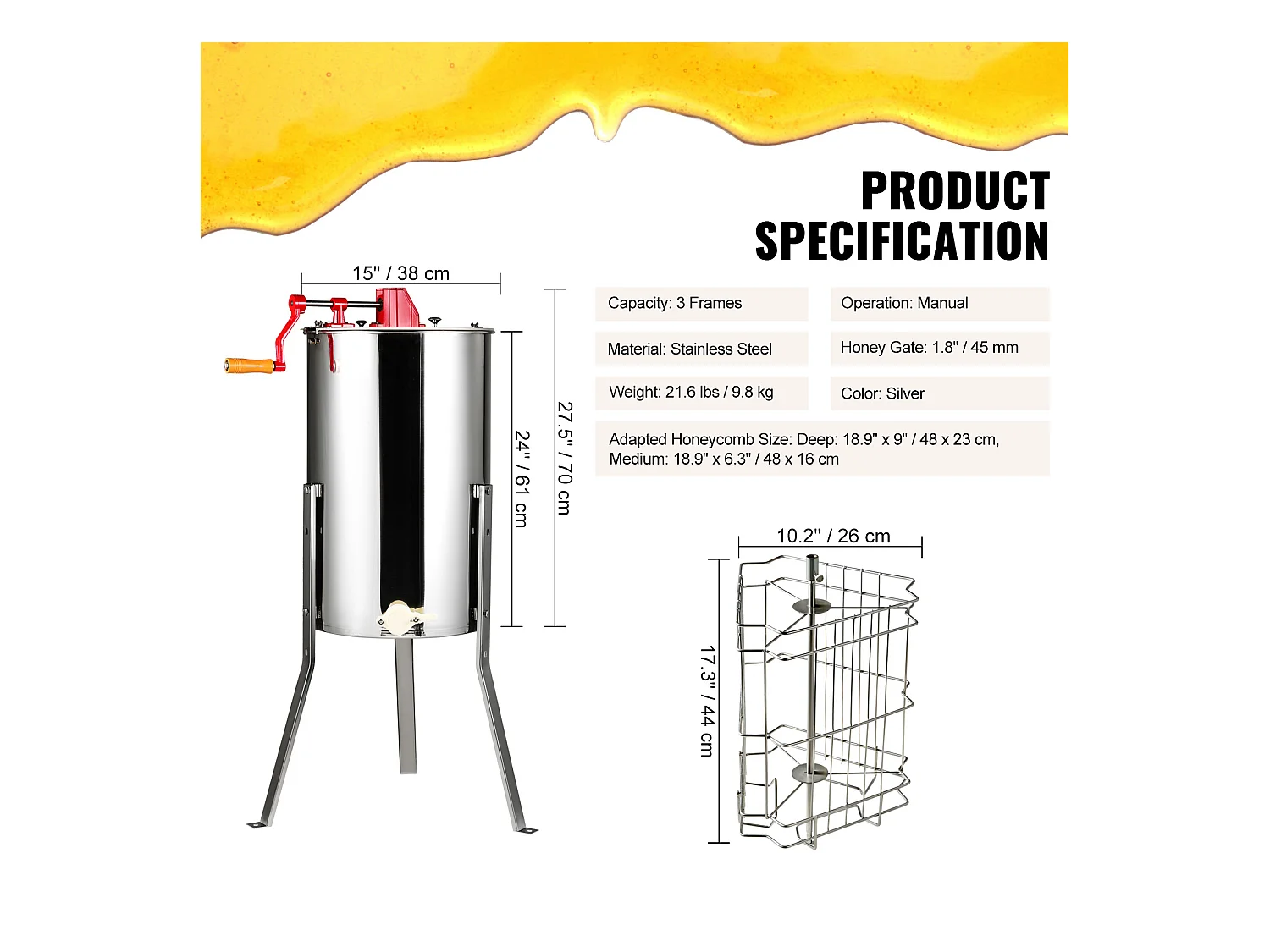 Extracteur de Miel SucceBuy Manuel Matériel D'apiculture 3 Cadres en Acier Inoxydable