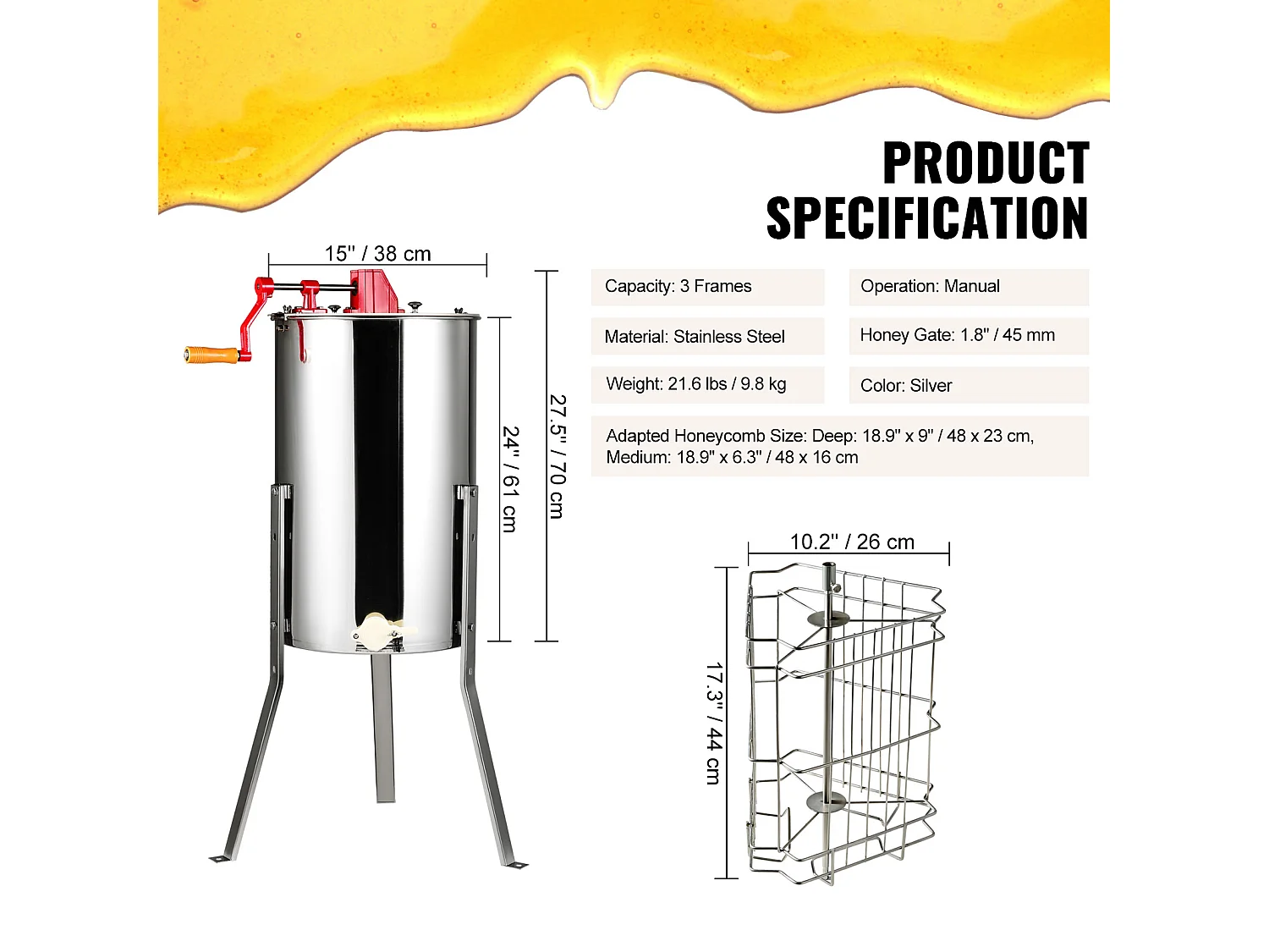 Extracteur de Miel SucceBuy Manuel Matériel D'apiculture 3 Cadres en Acier Inoxydable