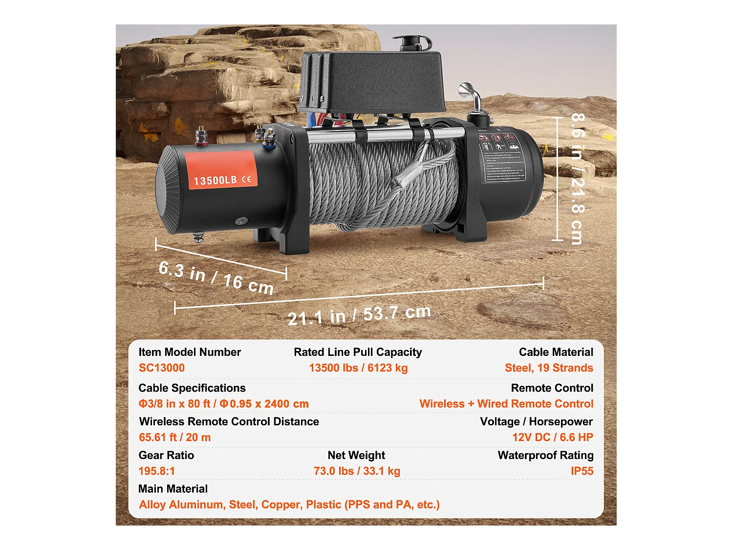 Camion à Treuil Électrique SucceBuy, D'une Capacité de 13 500 lb, Doté d'un Câble en Acier, d'un Indice d'Étanchéité IP65 et d'une Télécommande