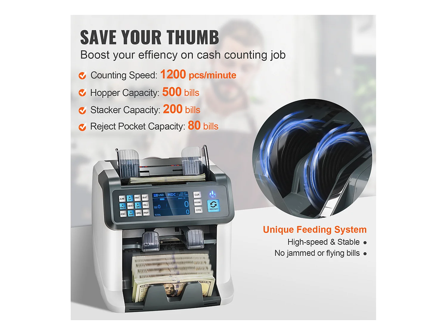 Compteuse de Billets SucceBuy, Compteur de Billets avec 2CIS, SN, UV, IR, MG, DD pour Plusieurs Devises