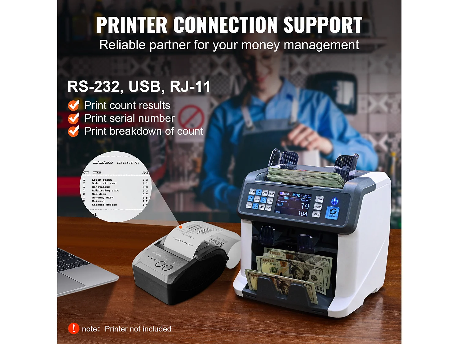 Compteuse de Billets SucceBuy, Compteur de Billets avec 2CIS, SN, UV, IR, MG, DD pour Plusieurs Devises