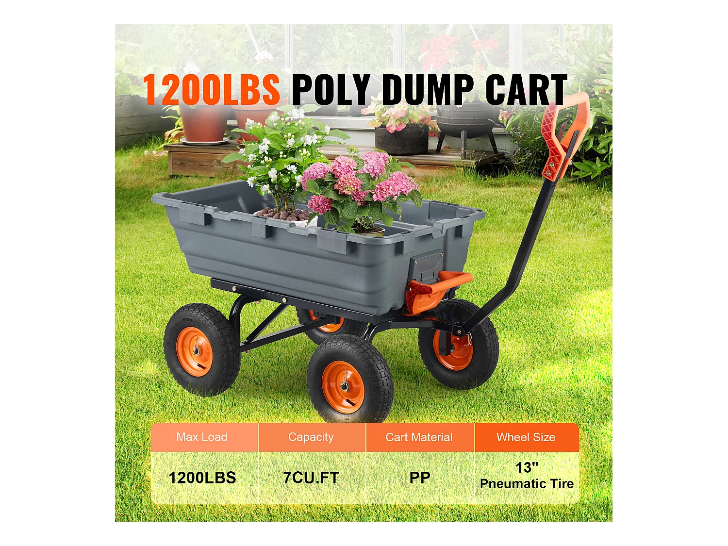 Chariot à Benne Basculante SucceBuy Poly Garden Dump Cart - Chariot de Jardin Robuste, 6,48 pieds Cubes, 1 200 lb