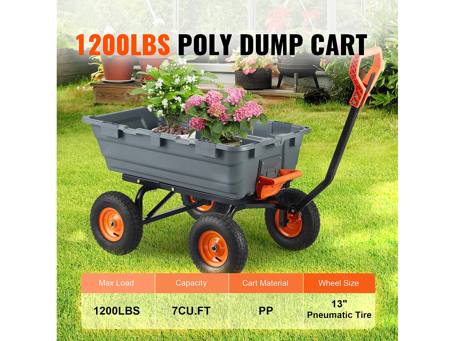 Chariot à Benne Basculante SucceBuy Poly Garden Dump Cart - Chariot de Jardin Robuste, 6,48 pieds Cubes, 1 200 lb