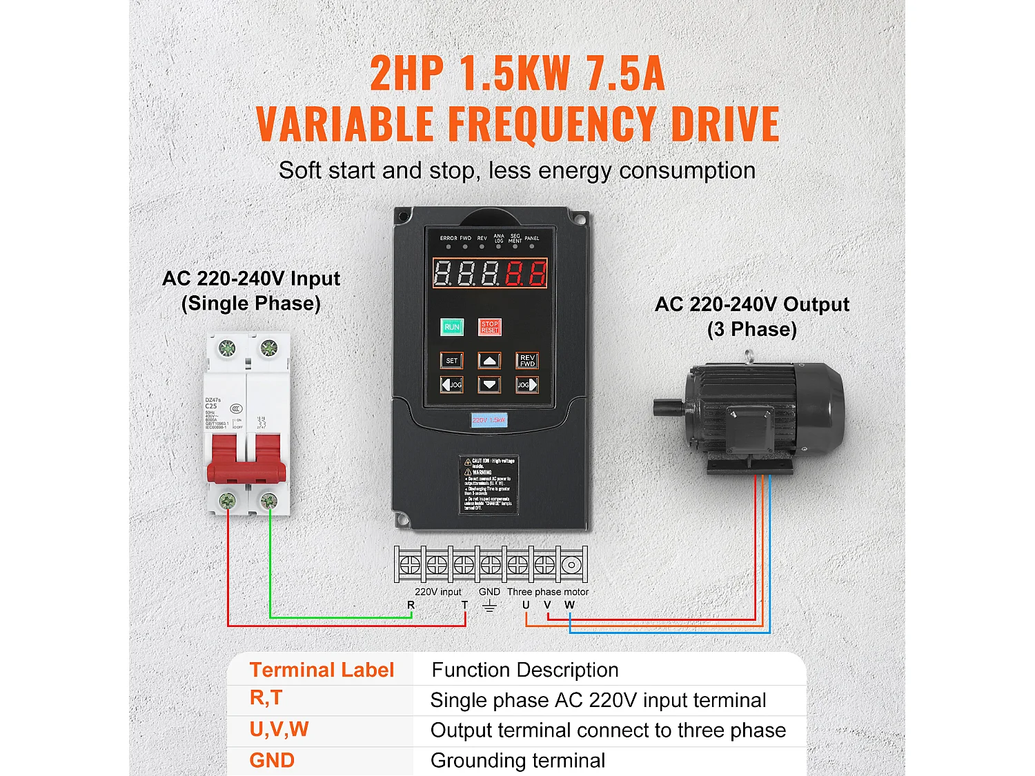 VFD 2HP SucceBuy, 1,5KW, 7,5A 220V, Entrée 1/3 Phase vers Sortie 3 Phases, 0-400Hz