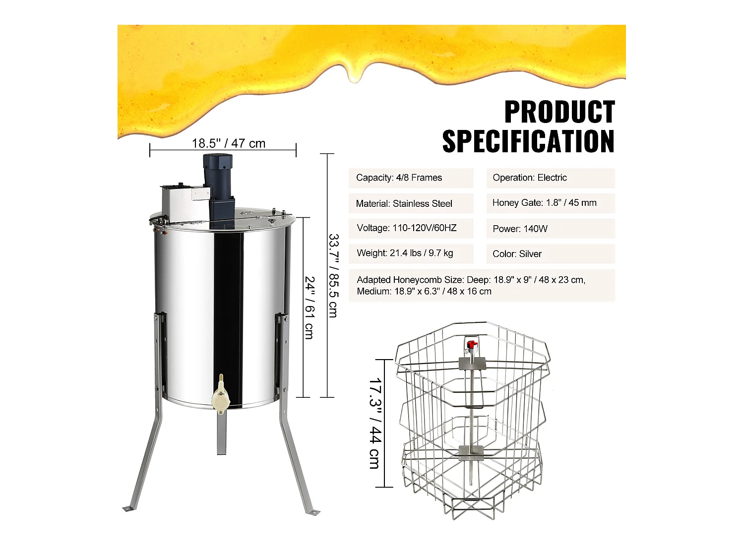 Extracteur de Miel SucceBuy Électrique, Cadres 4/8, Équipement Apicole en Acier Inoxydable