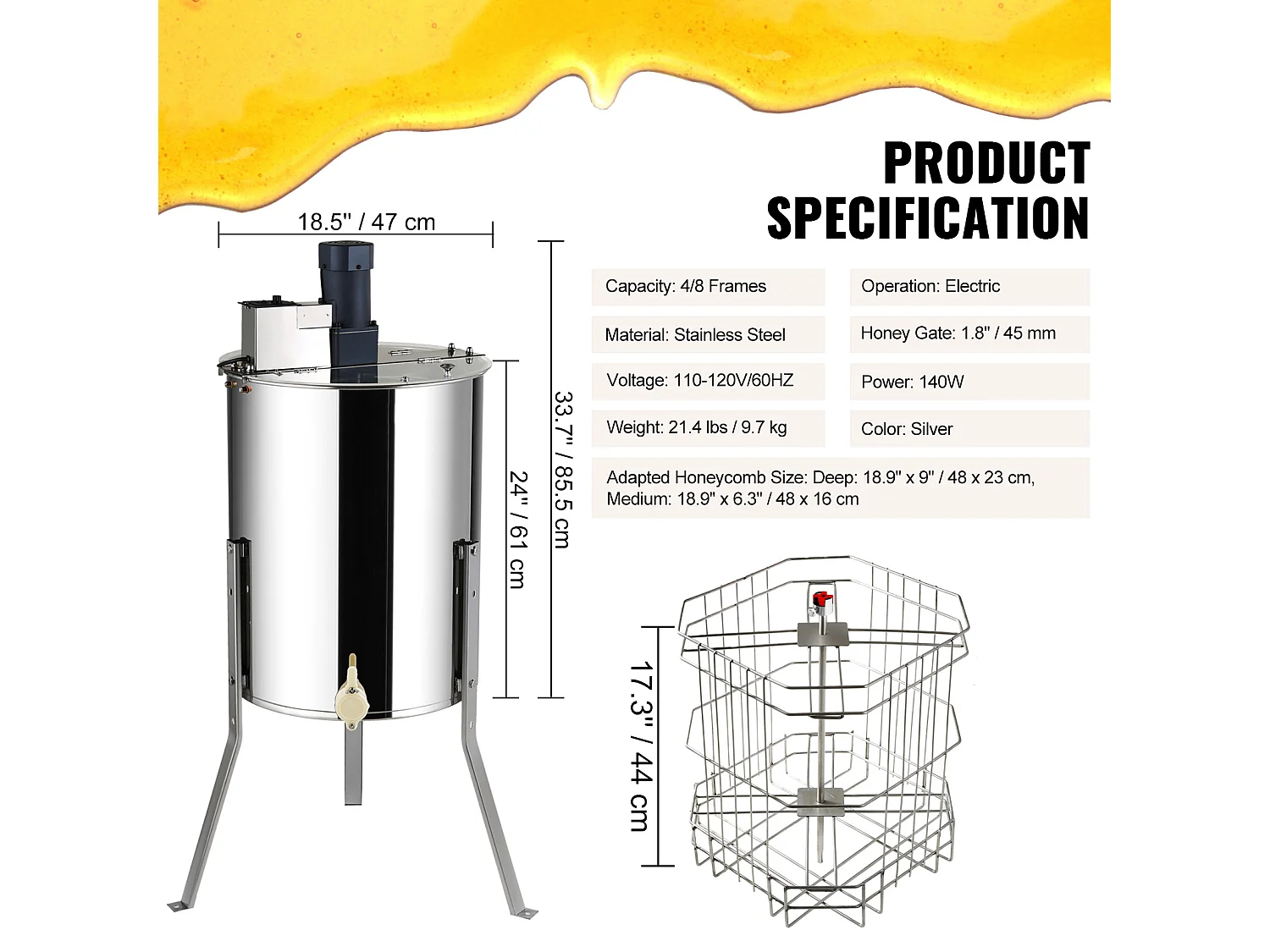 Extracteur de Miel SucceBuy Électrique, Cadres 4/8, Équipement Apicole en Acier Inoxydable