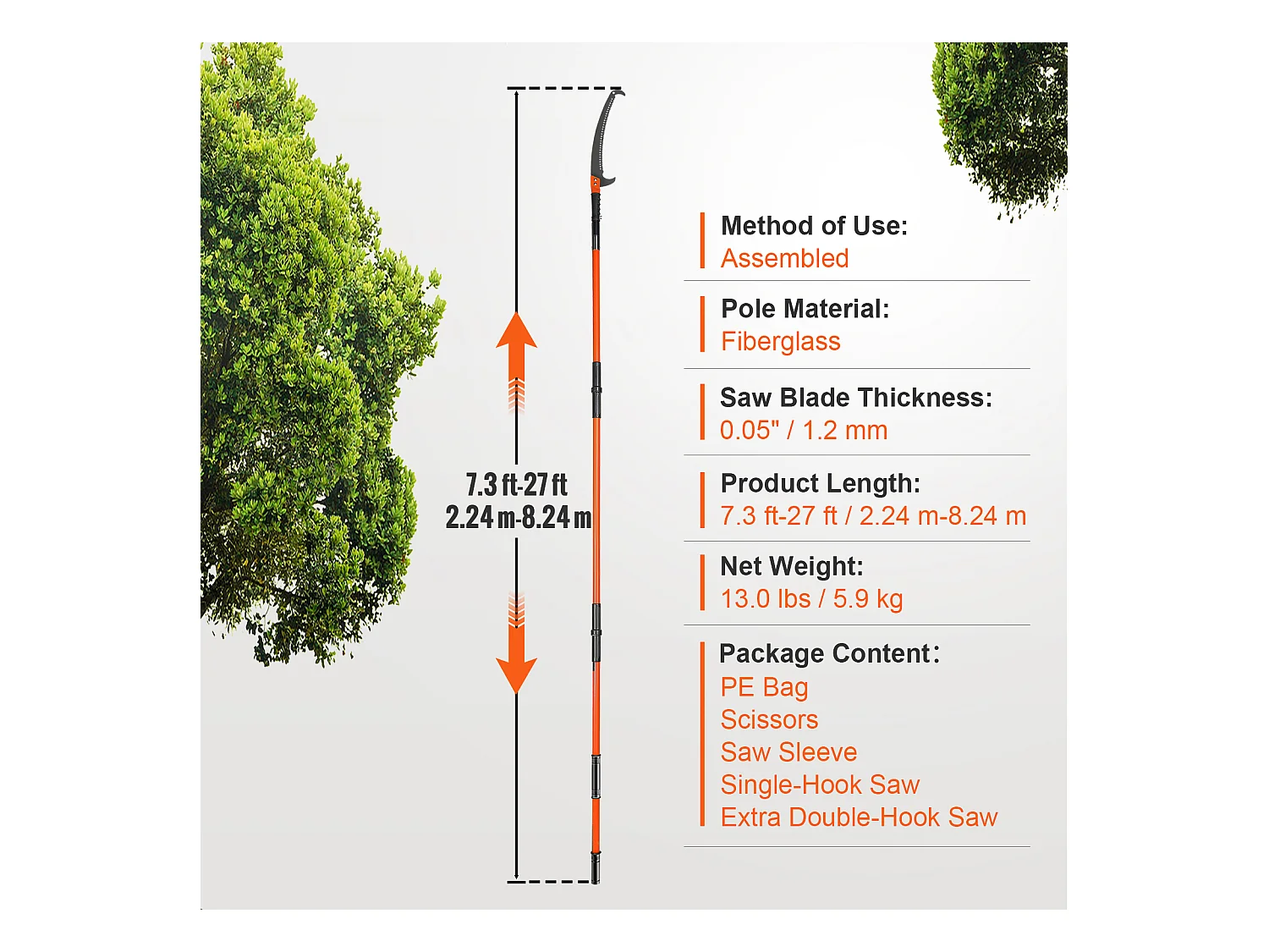 Scie à Perche Manuelle SucceBuy, Élagueuse Zxtensible de 222.5cm à 823cm , Perche en Fibre de Verre