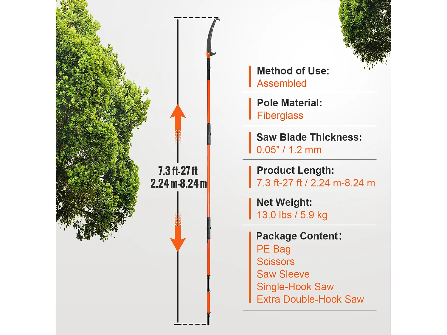 Scie à Perche Manuelle SucceBuy, Élagueuse Zxtensible de 222.5cm à 823cm , Perche en Fibre de Verre