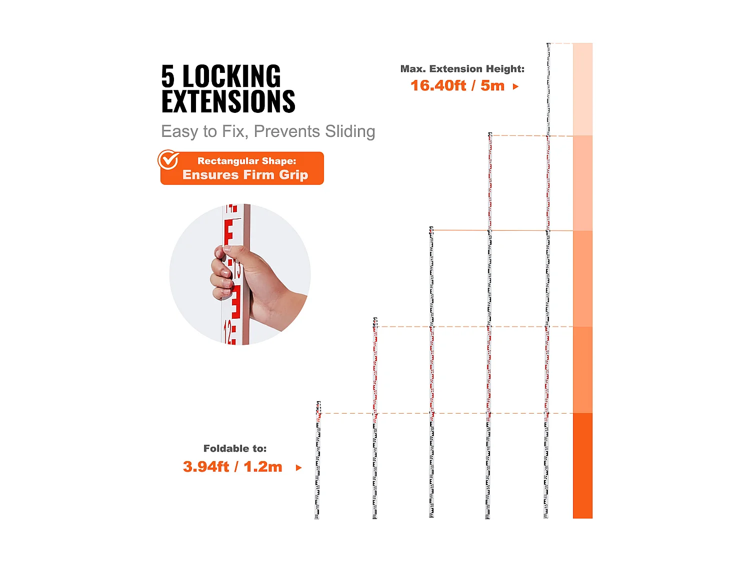 Cana de Medição Telescópica SucceBuy 5M, Escala CM/MM, Nível de Bolha e Bolsa de Transporte