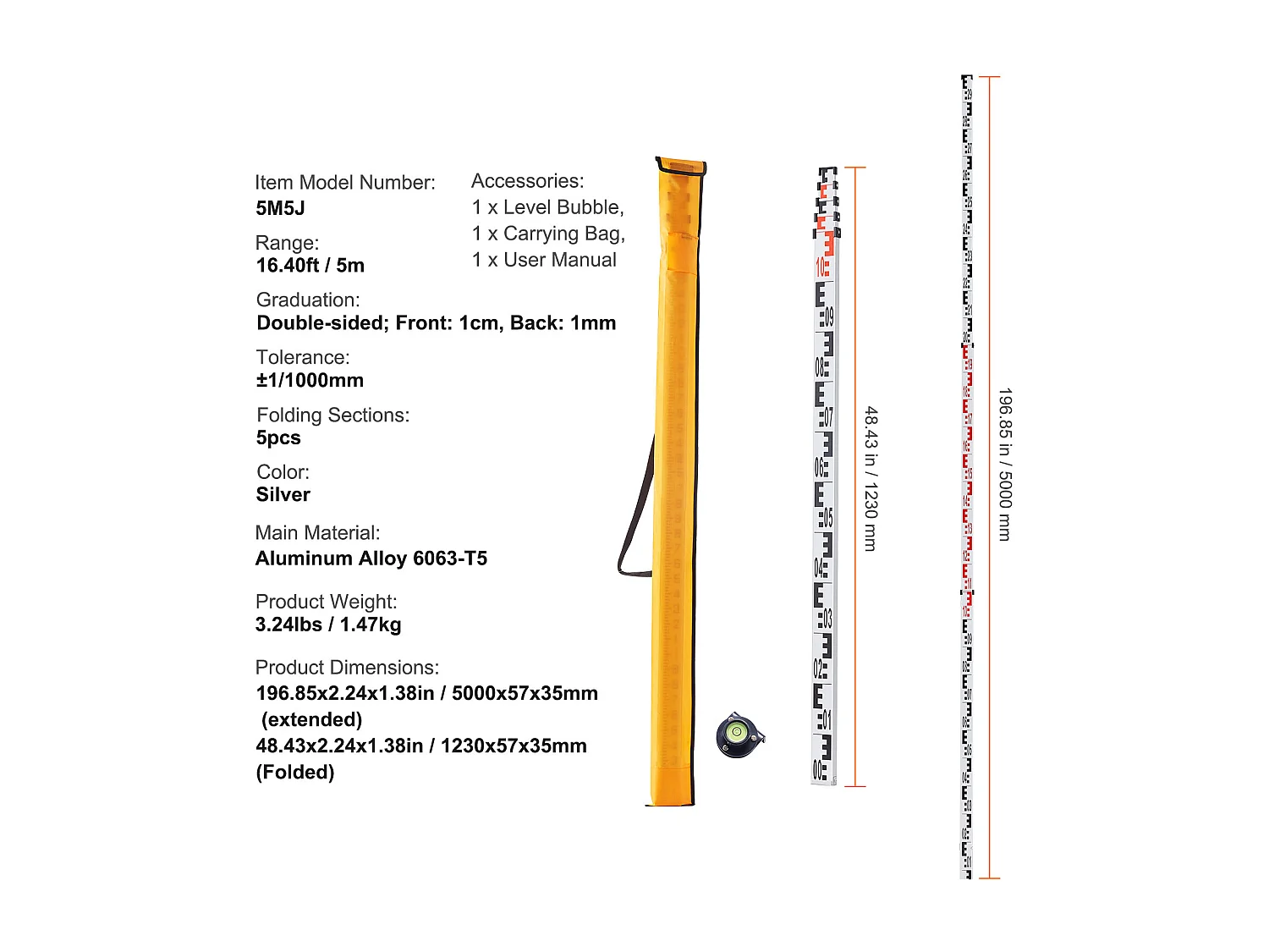 Tire de Mesure Télescopique SucceBuy 5M, Échelle CM/MM, Niveau à Bulle et Sac de Transport