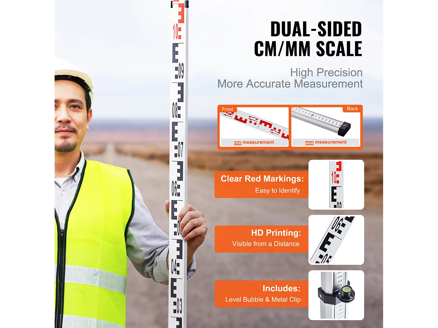 Tire de Mesure Télescopique SucceBuy 5M, Échelle CM/MM, Niveau à Bulle et Sac de Transport