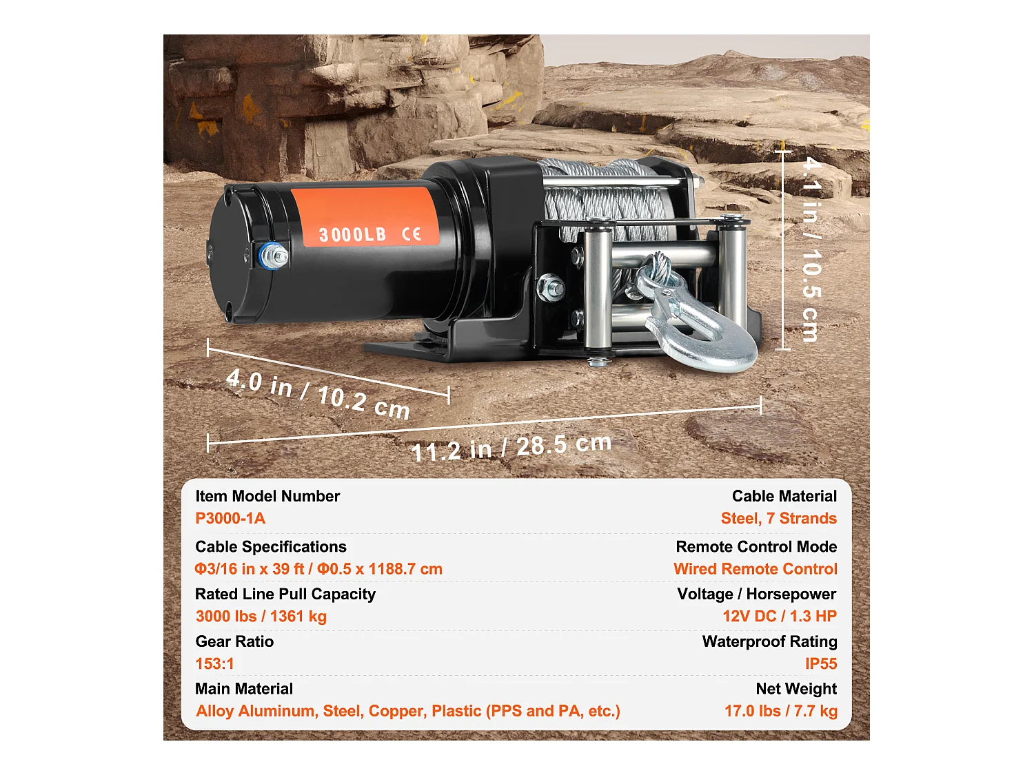 Treuil Électrique SucceBuy 3000 lb, VTT/UTV, Câble en Acier, Étanchéité IP55, Commande Filiaire