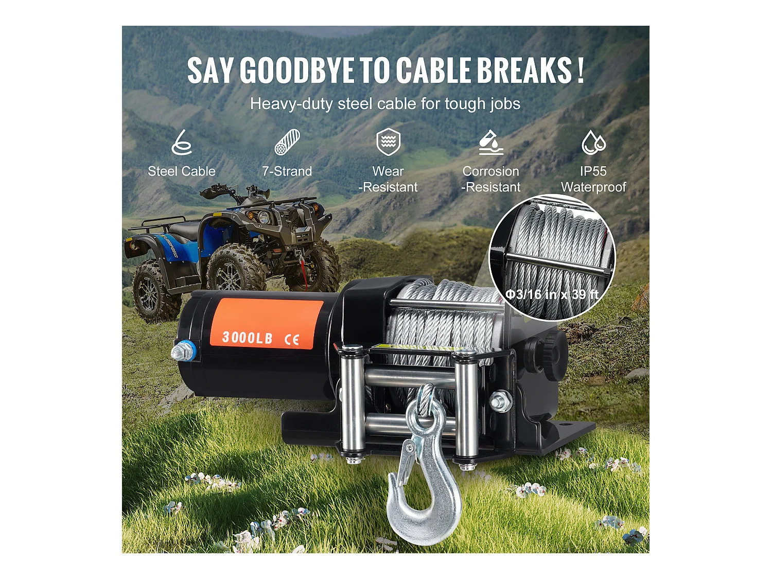 Treuil Électrique SucceBuy 3000 lb, VTT/UTV, Câble en Acier, Étanchéité IP55, Commande Filiaire