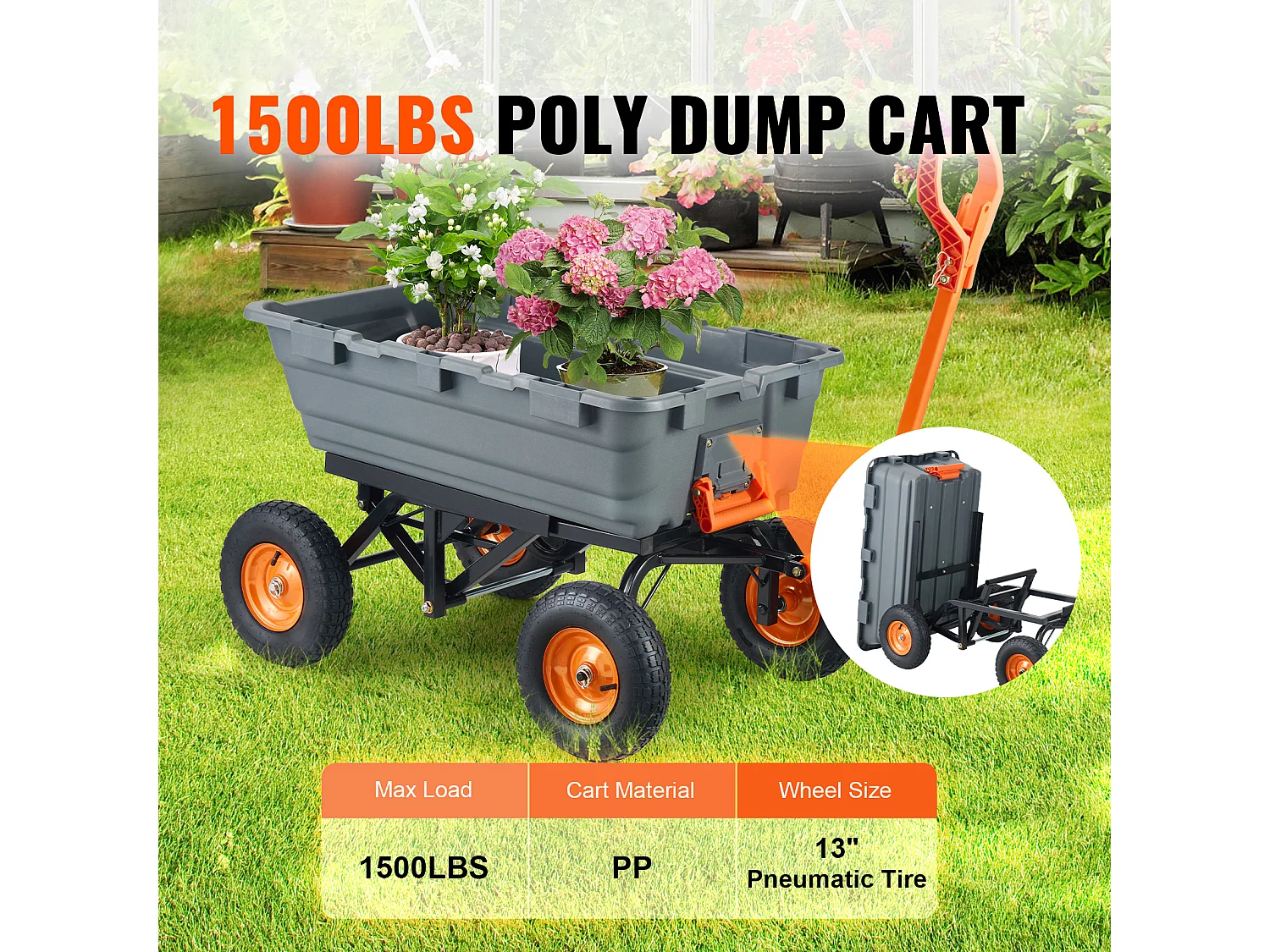 Chariot à Déchets de Jardin SucceBuy Poly - Chariot de Jardin Robuste, 6,48 piedsCubes, 1 200 lb