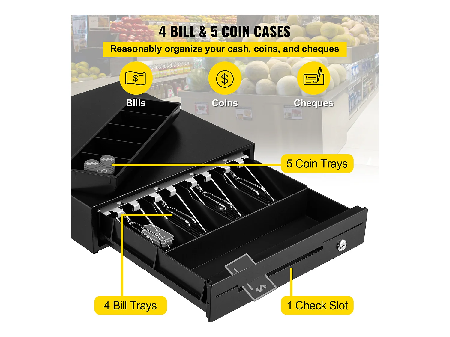 Compteuse de Billets SucceBuy 33cm pour Système de Point de Vente, 3 Méthodes de Déverrouillage, RJ11/RJ12