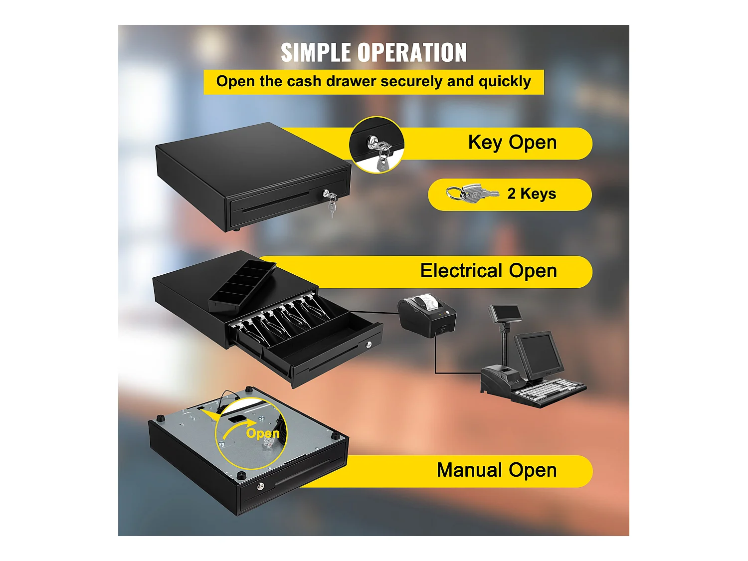 Compteuse de Billets SucceBuy 33cm pour Système de Point de Vente, 3 Méthodes de Déverrouillage, RJ11/RJ12