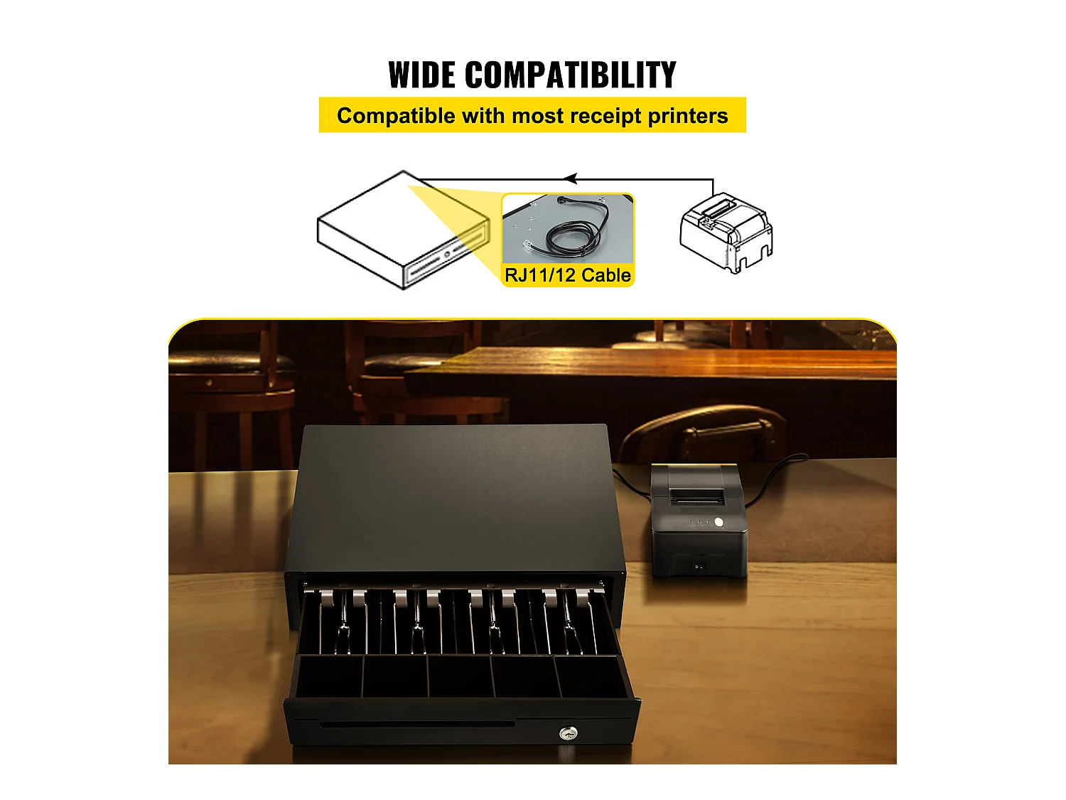 Compteuse de Billets SucceBuy 33cm pour Système de Point de Vente, 3 Méthodes de Déverrouillage, RJ11/RJ12