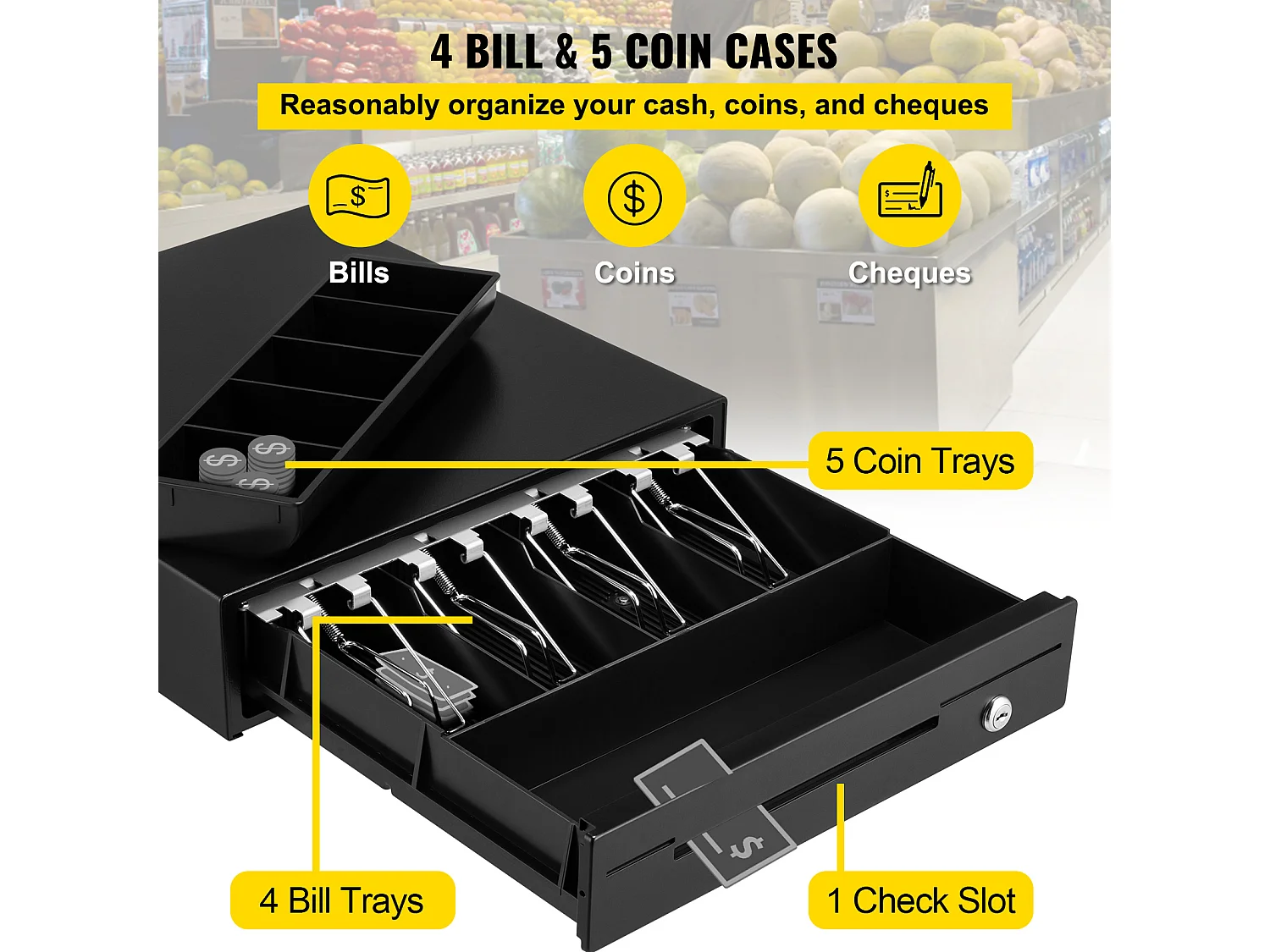 Compteuse de Billets SucceBuy 33cm pour Système de Point de Vente, 3 Méthodes de Déverrouillage, RJ11/RJ12