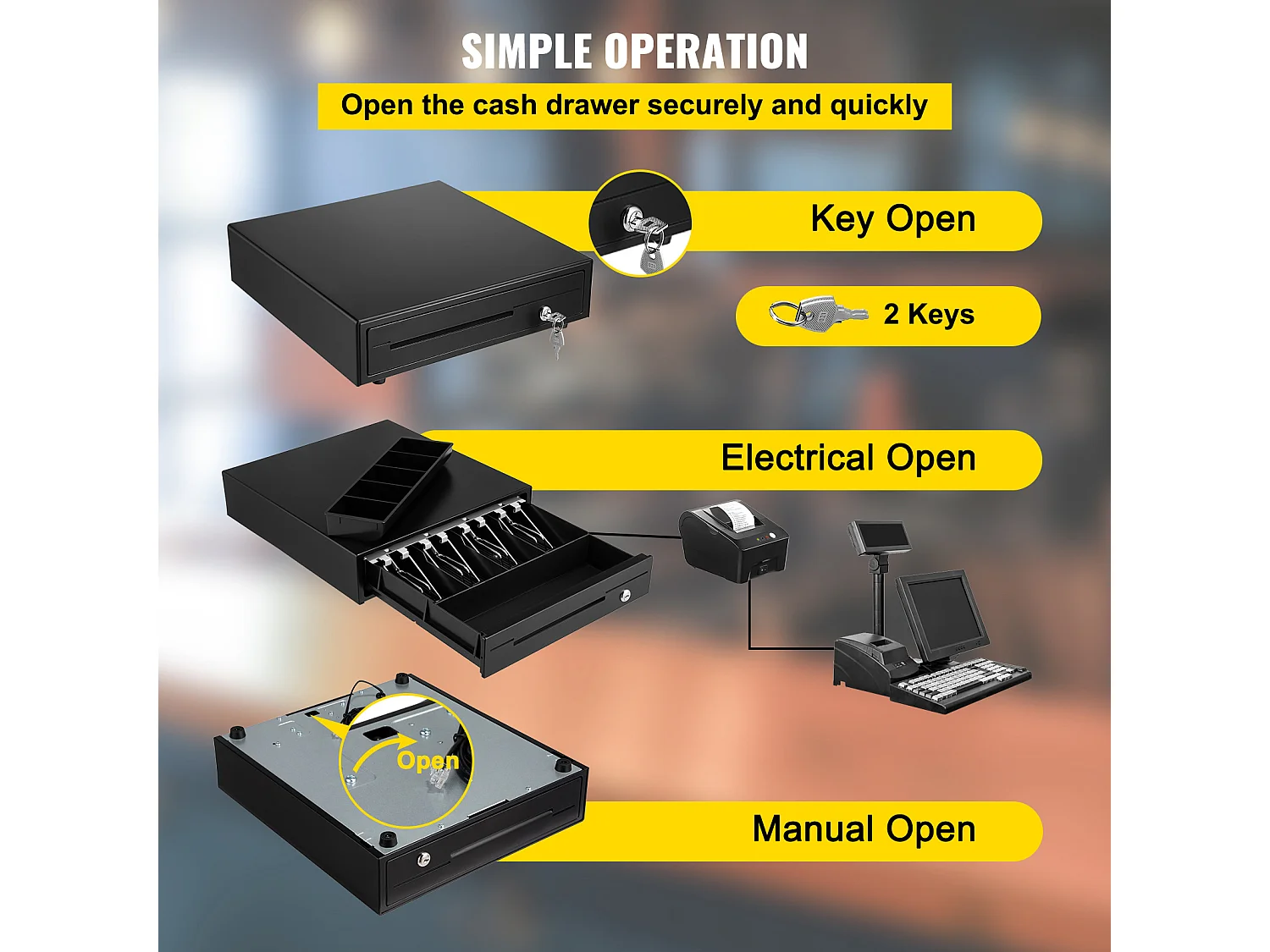 Compteuse de Billets SucceBuy 33cm pour Système de Point de Vente, 3 Méthodes de Déverrouillage, RJ11/RJ12