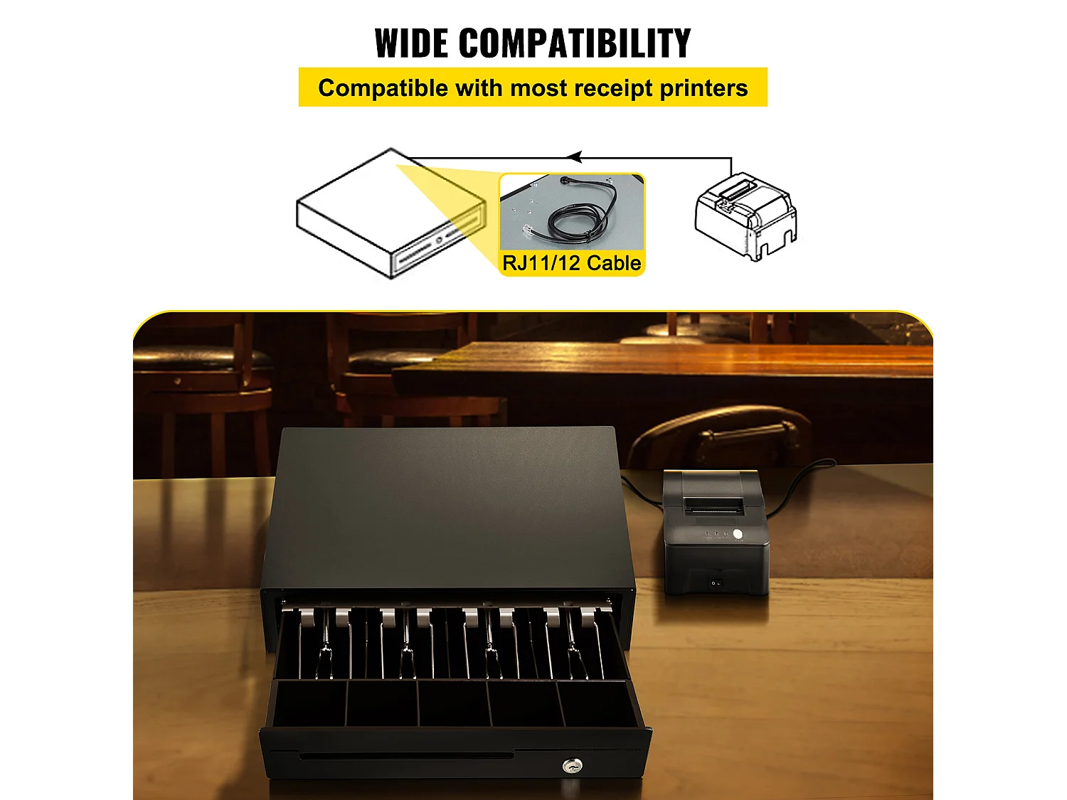 Compteuse de Billets SucceBuy 33cm pour Système de Point de Vente, 3 Méthodes de Déverrouillage, RJ11/RJ12