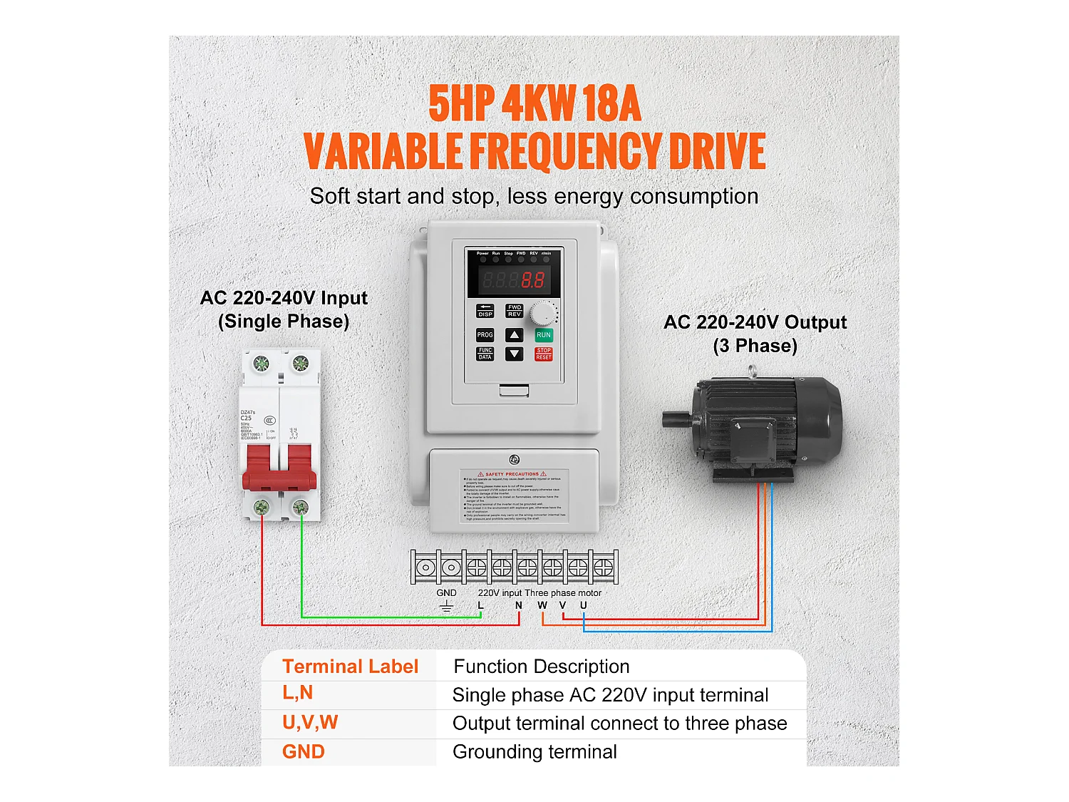 Variateur de Fréquence SucceBuy VFD 4KW 18A 5HP pour Contrôle de Vitesse de Moteur Triphasé