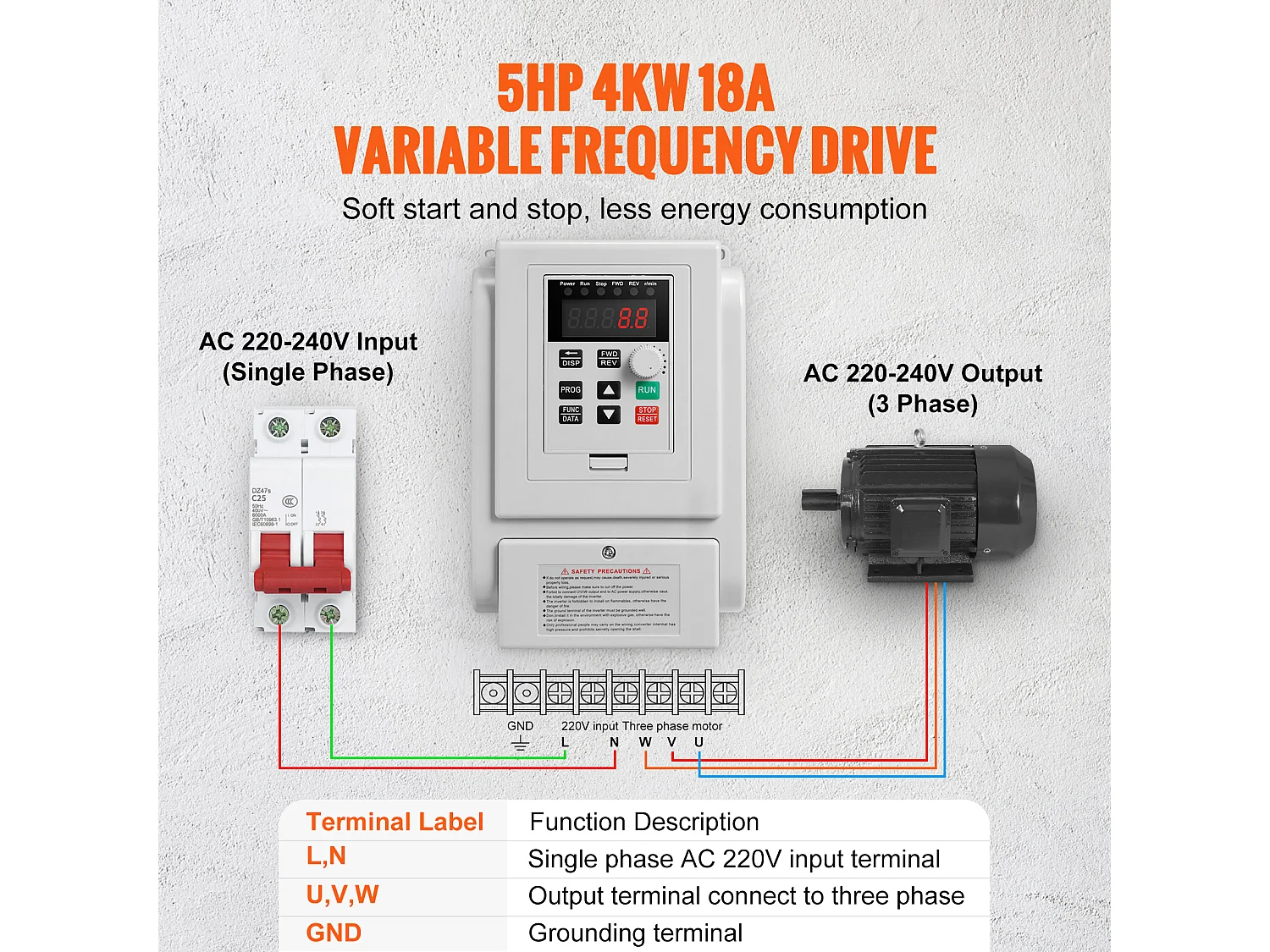 Variateur de Fréquence SucceBuy VFD 4KW 18A 5HP pour Contrôle de Vitesse de Moteur Triphasé