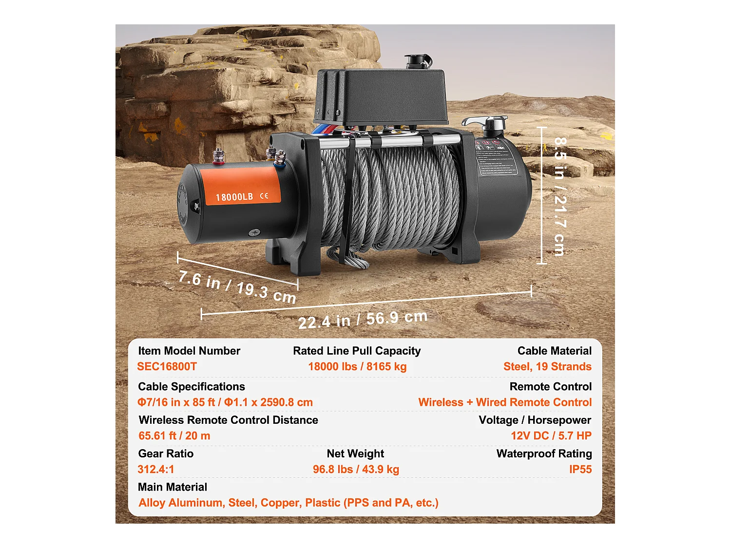 Camión con Cabrestante Eléctrico SucceBuy, con Capacidad de 18 000 lb, con Cable de Acero, Resistente al Agua IP65 y Equipado con Control Remoto