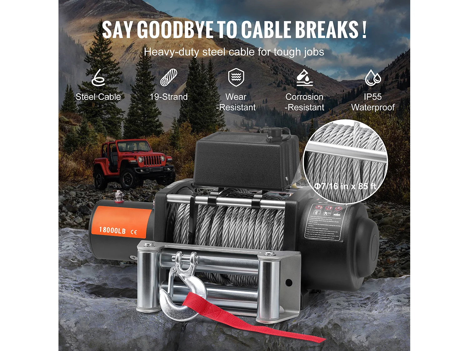 Elektrische Lierwagen SucceBuy, capaciteit 18.000 lb, met Stalen kabel, IP65 Waterdicht en Uitgerust met Afstandsbediening