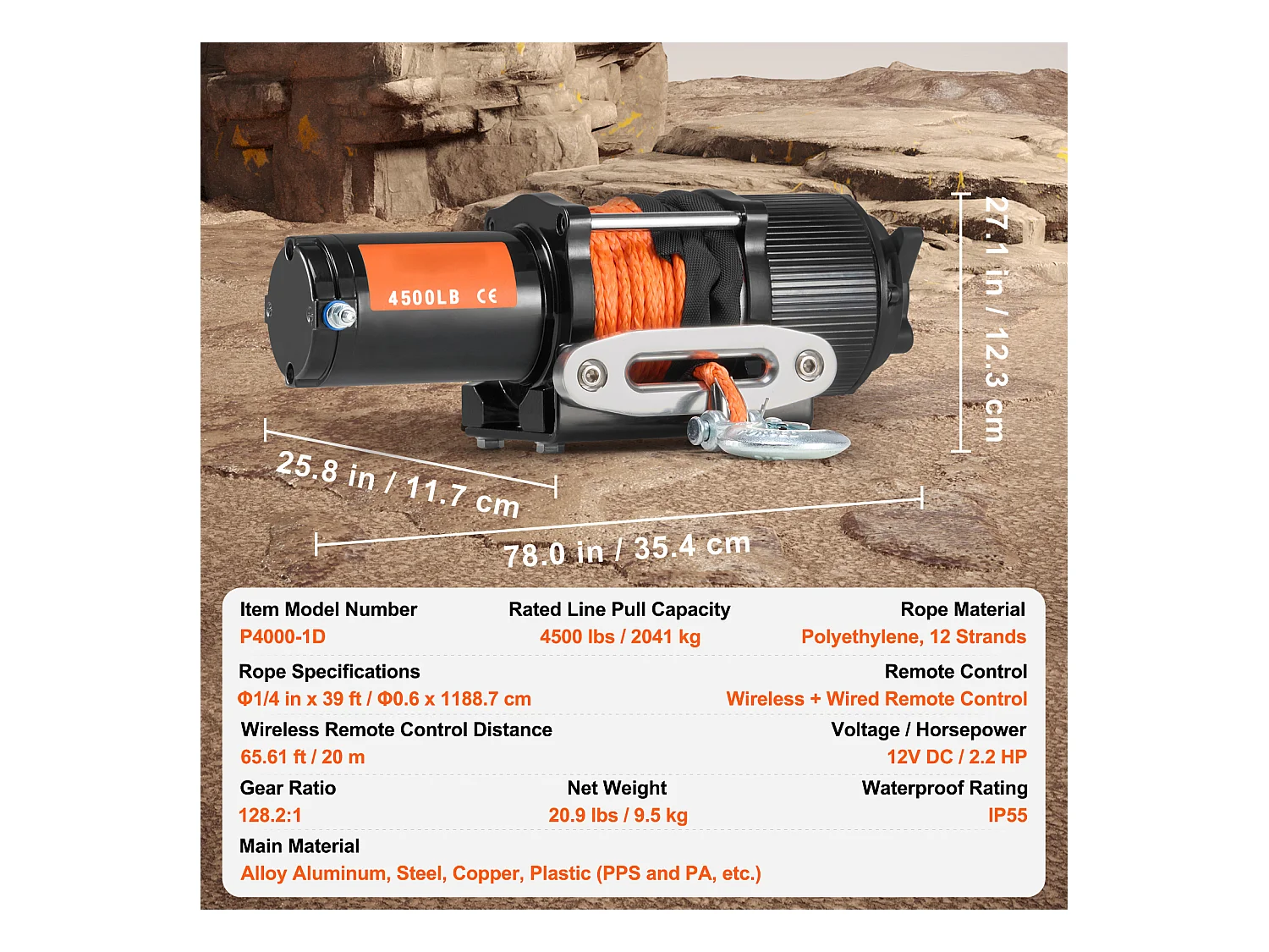 Treuil Électrique SucceBuy 4 500 lb, VTT/UTV, Corde Synthétique, Étanche, Télécommande