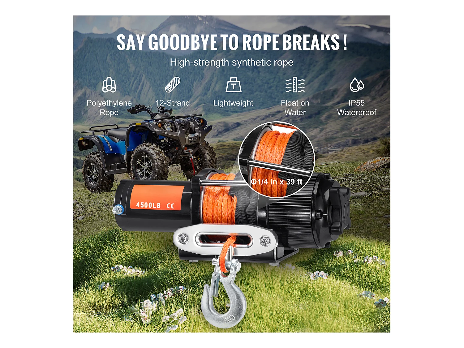 Treuil Électrique SucceBuy 4 500 lb, VTT/UTV, Corde Synthétique, Étanche, Télécommande