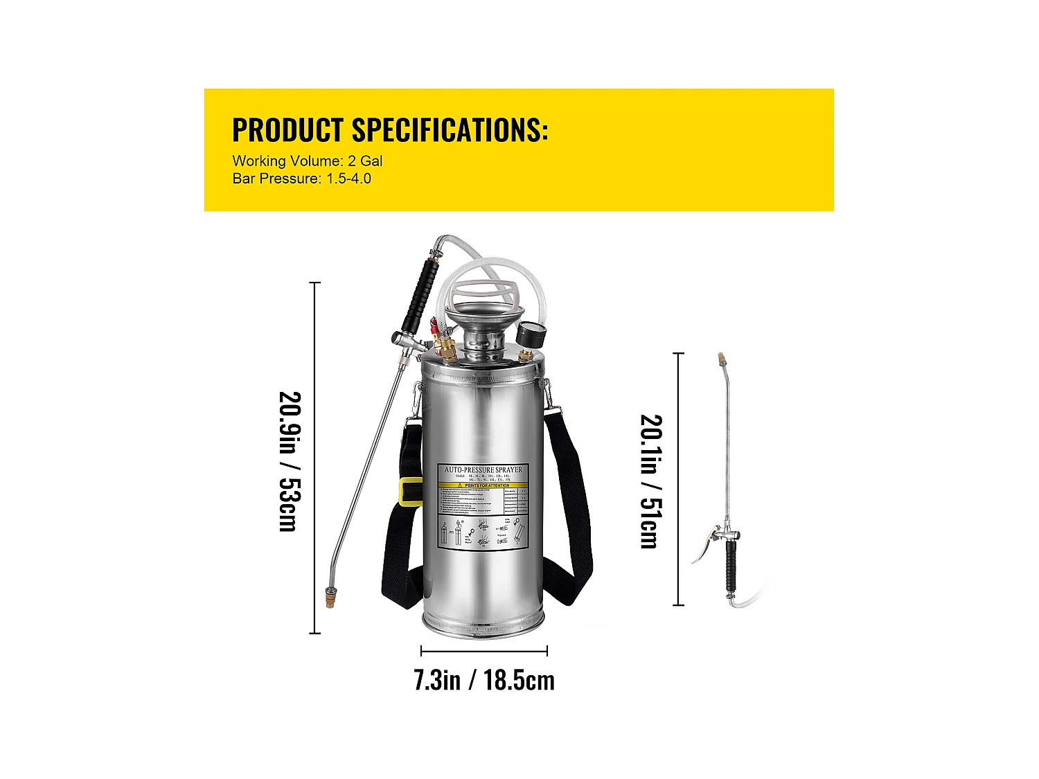 Pulvérisateur Manuel SucceBuy de 2 gallons, Usage Industriel, Acier Inoxydable, Argent