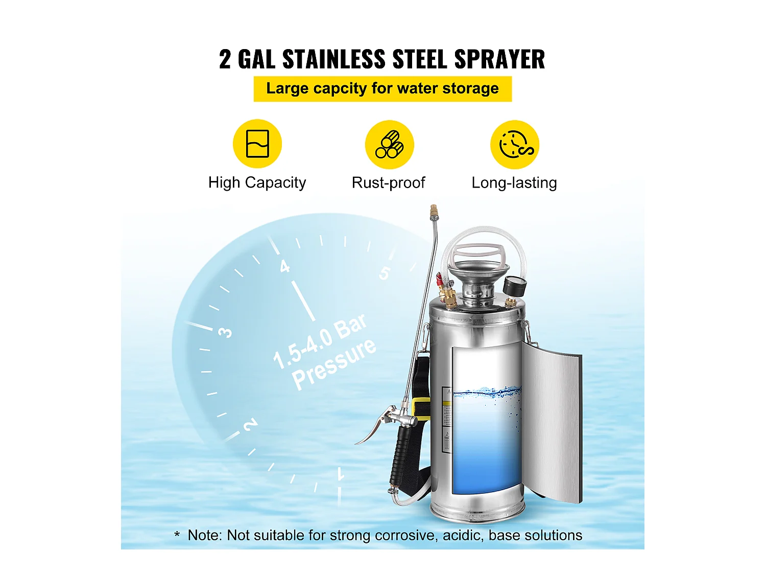 Pulvérisateur Manuel SucceBuy de 2 gallons, Usage Industriel, Acier Inoxydable, Argent