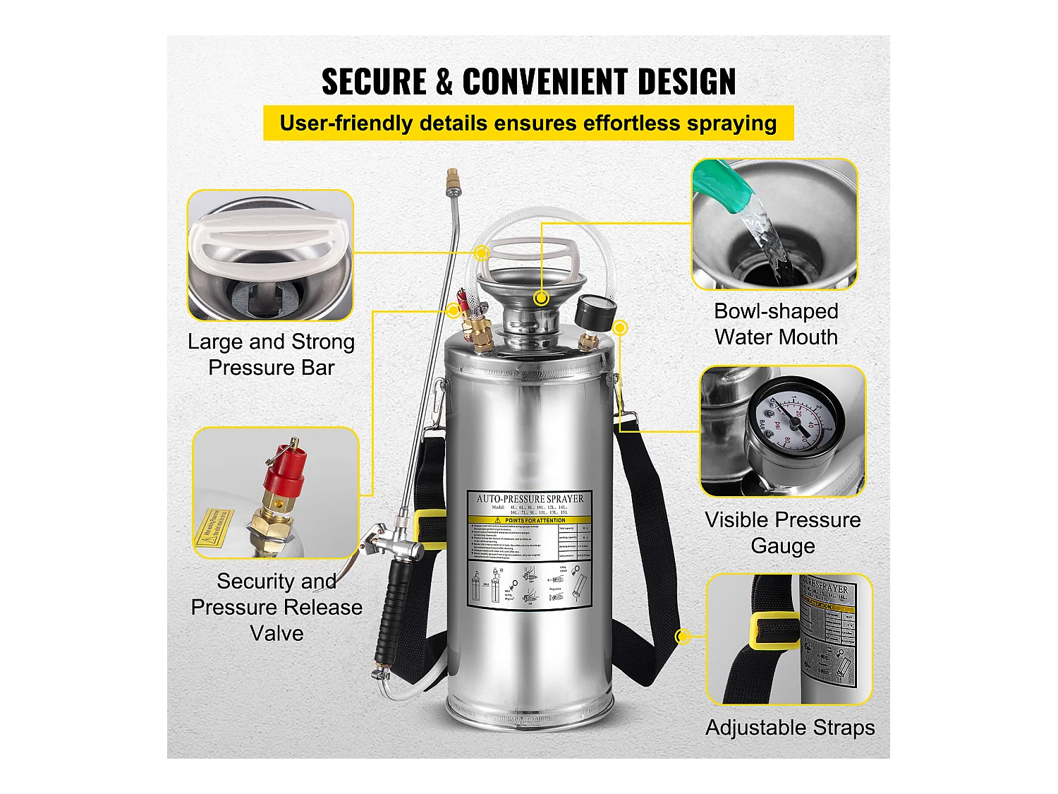 Pulvérisateur Manuel SucceBuy de 2 gallons, Usage Industriel, Acier Inoxydable, Argent