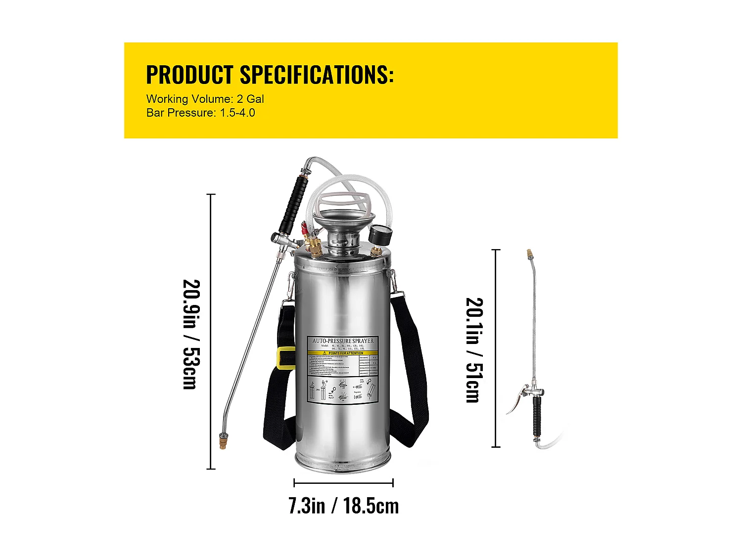 Pulvérisateur Manuel SucceBuy de 2 gallons, Usage Industriel, Acier Inoxydable, Argent