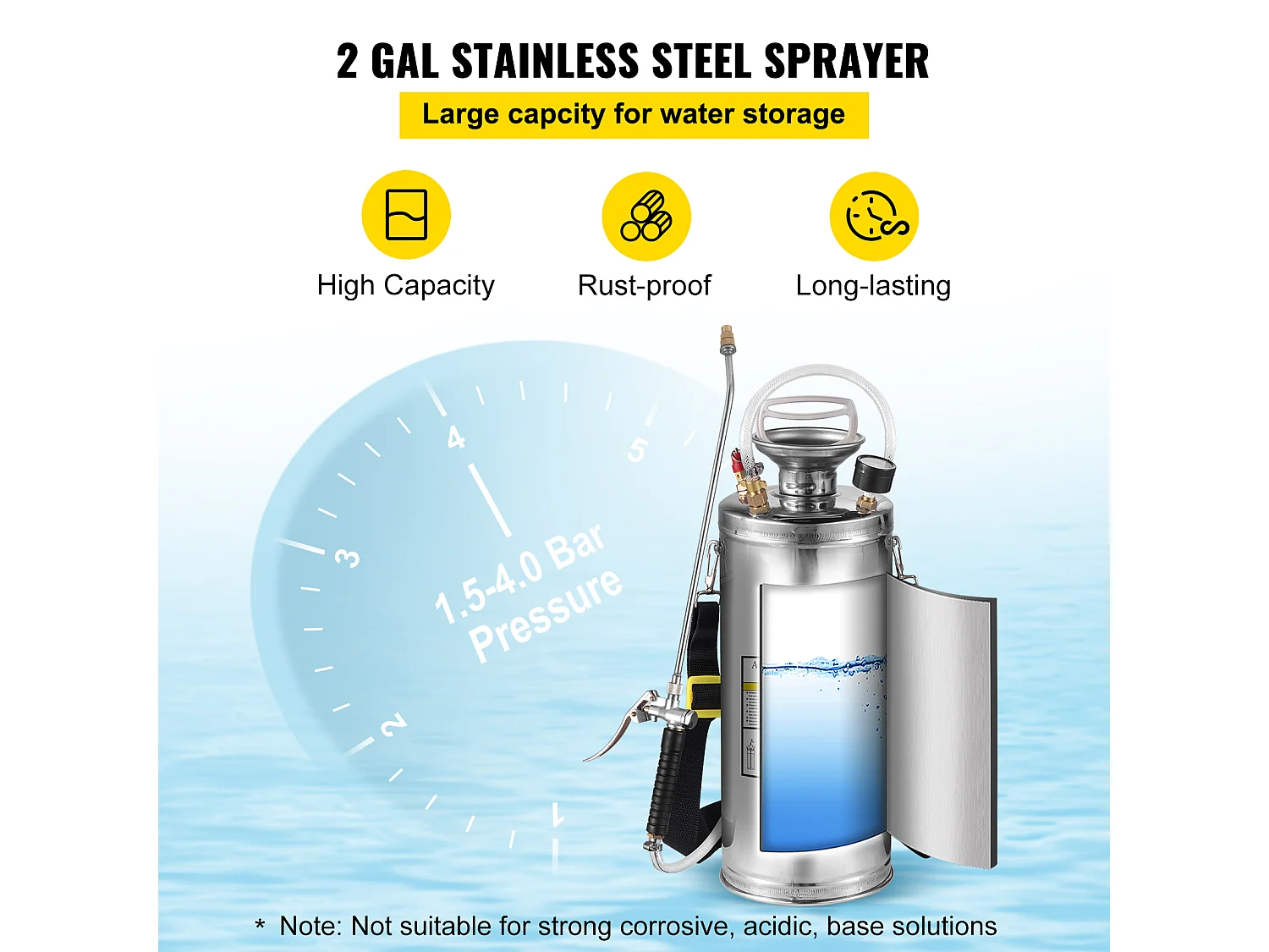 Pulvérisateur Manuel SucceBuy de 2 gallons, Usage Industriel, Acier Inoxydable, Argent