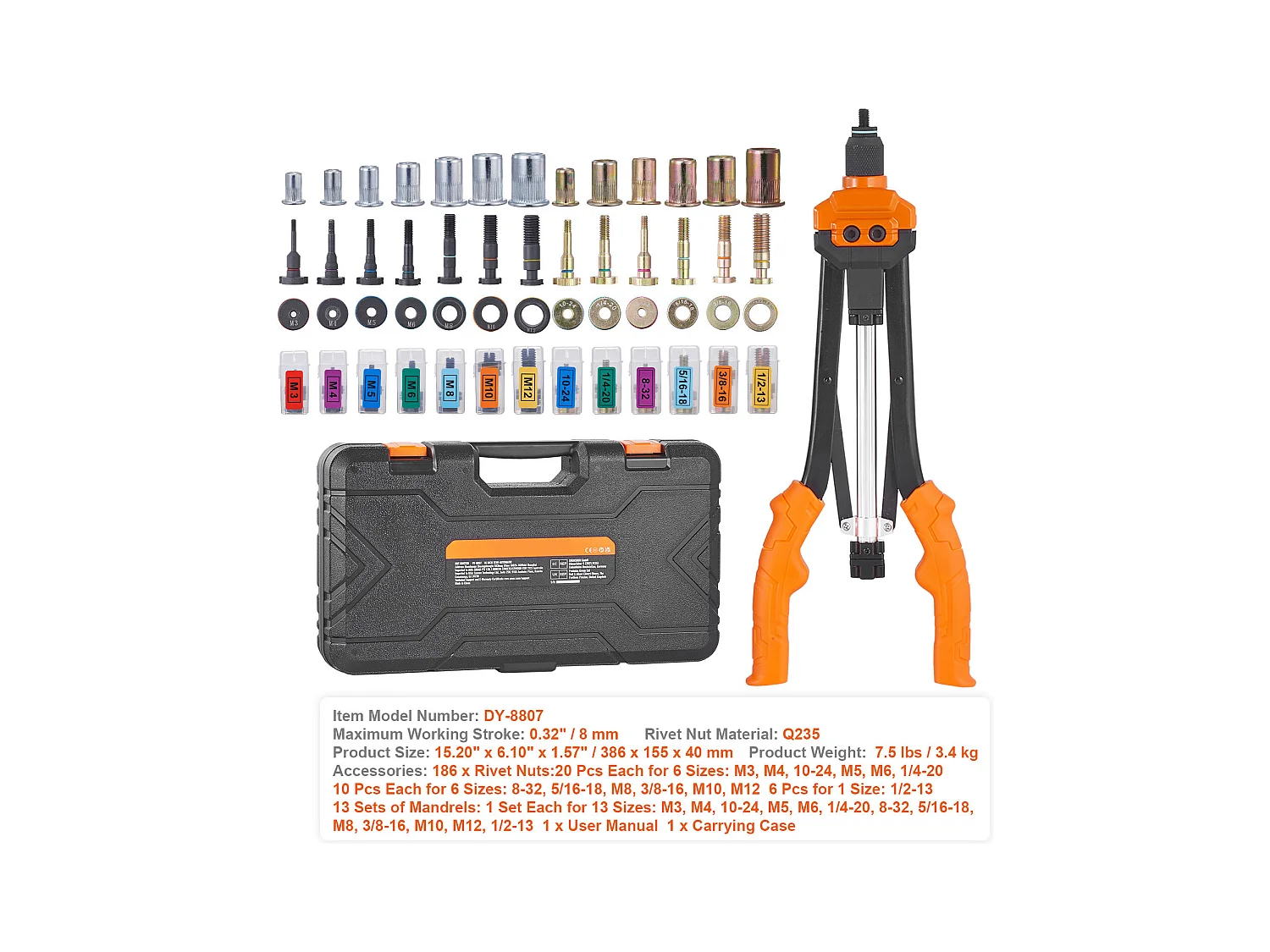 Ensemble D'outils SucceBuy pour Écrous à Rivets de 40.6 Cm, 13 Mandrins et 186 Écrous à Rivets