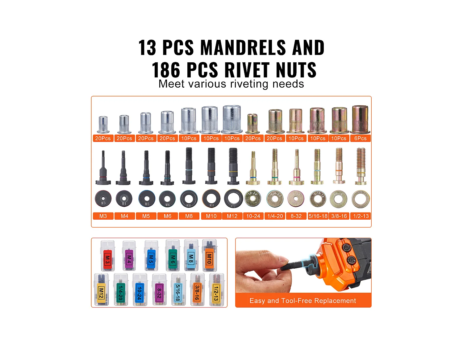 Ensemble D'outils SucceBuy pour Écrous à Rivets de 40.6 Cm, 13 Mandrins et 186 Écrous à Rivets