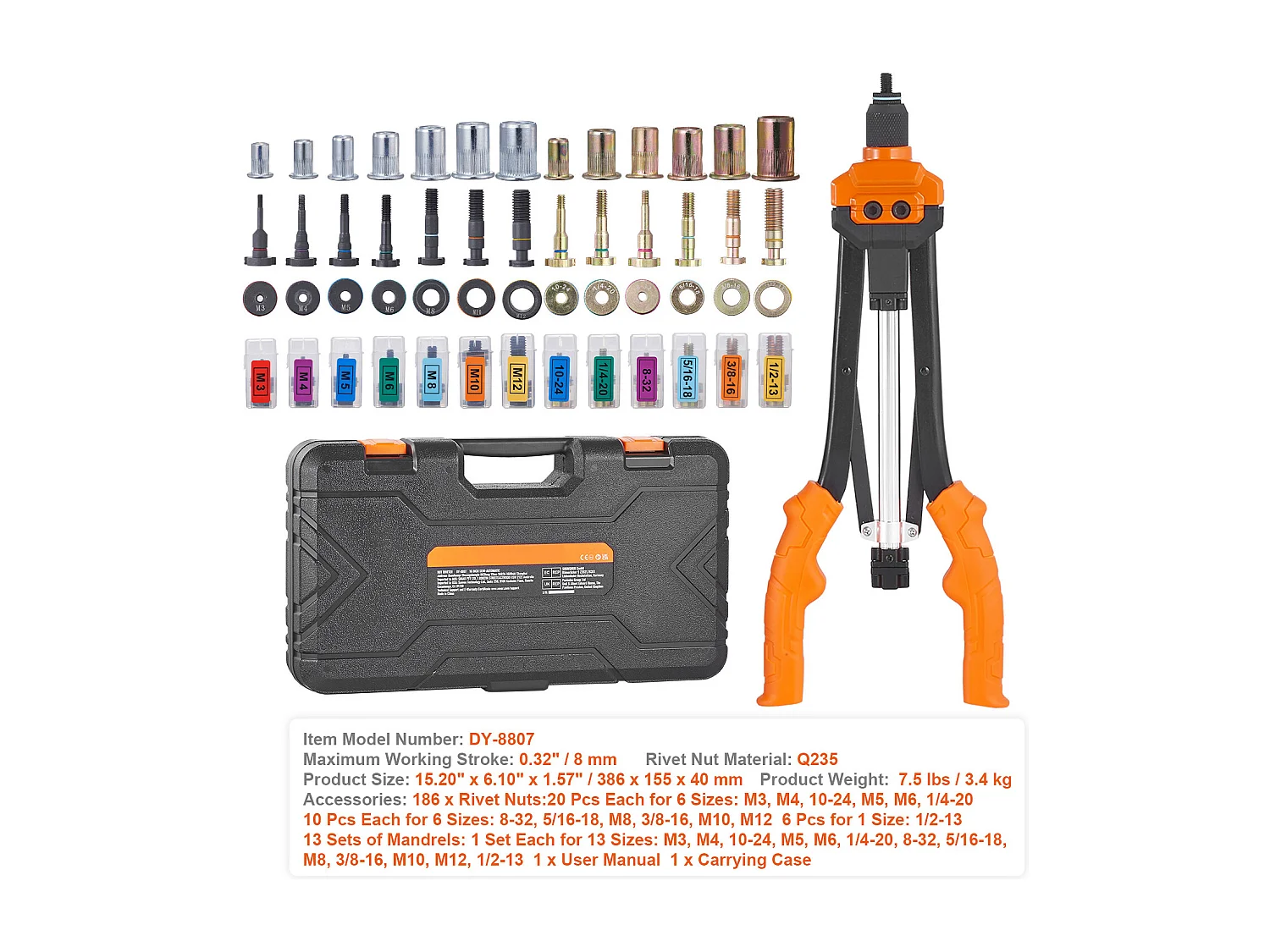 Ensemble D'outils SucceBuy pour Écrous à Rivets de 40.6 Cm, 13 Mandrins et 186 Écrous à Rivets