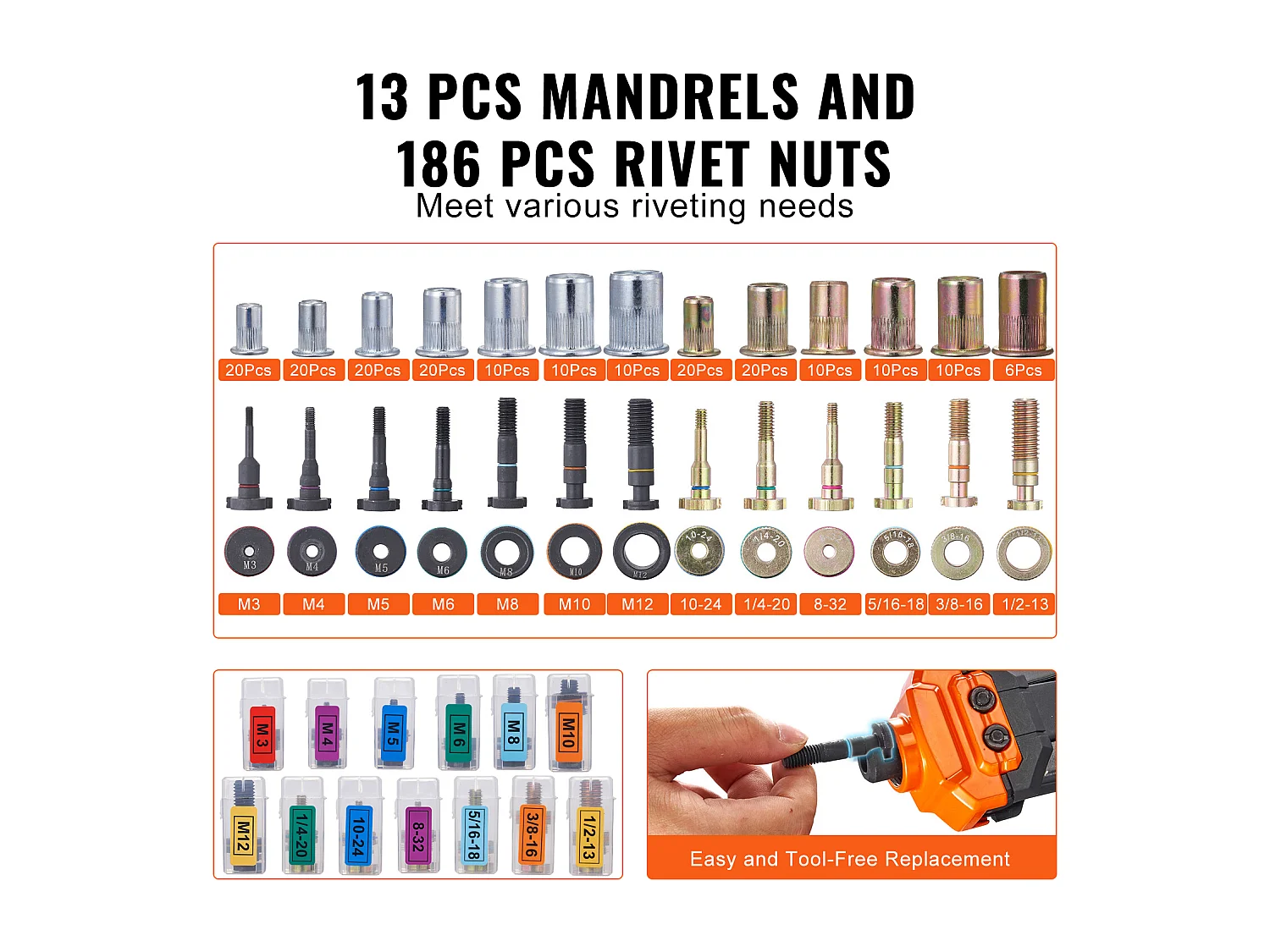 Ensemble D'outils SucceBuy pour Écrous à Rivets de 40.6 Cm, 13 Mandrins et 186 Écrous à Rivets