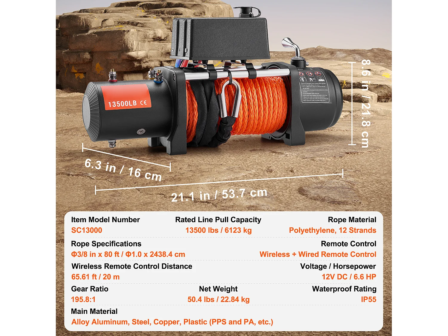 Camion à Treuil Électrique SucceBuy, D'une Capacité de 13 500 lb, Utilisant une Corde Synthétique, Étanche et avec Télécommande